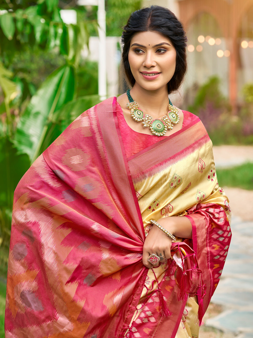 cream woven ikkat style banarasi soft silk saree with blouse piece