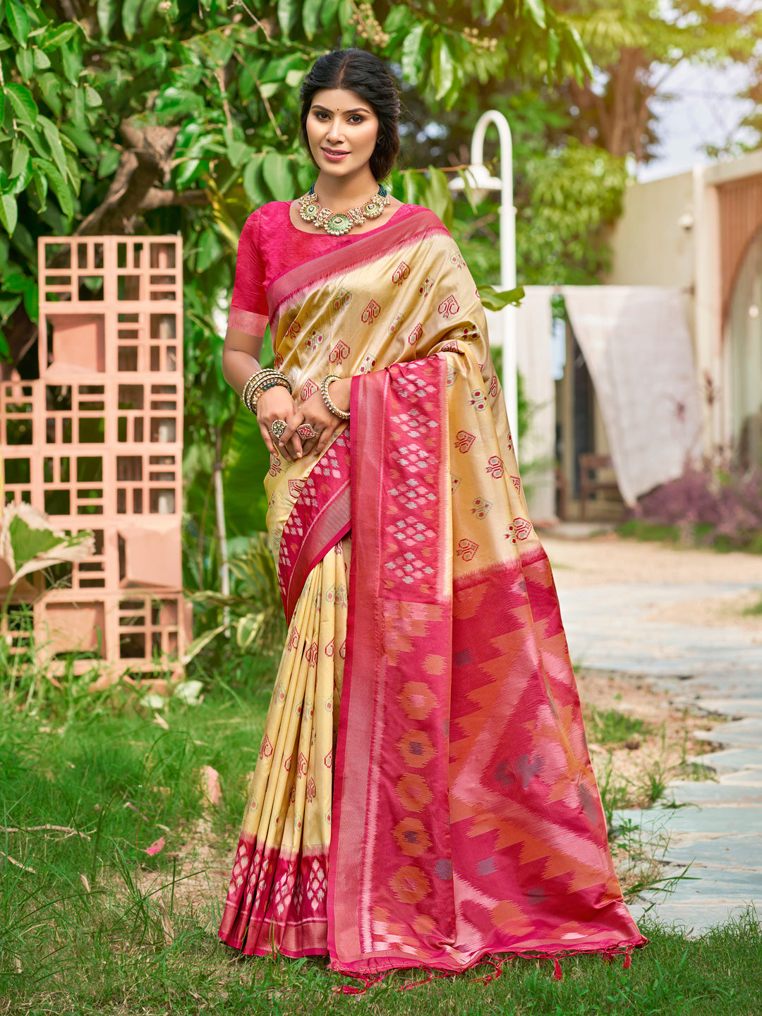 cream woven ikkat style banarasi soft silk saree with blouse piece