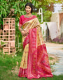 cream woven ikkat style banarasi soft silk saree with blouse piece