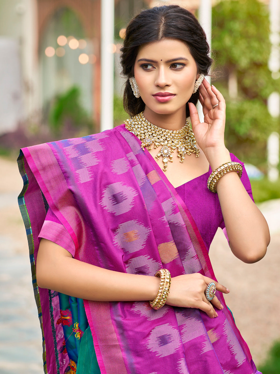 Seagreen woven ikkat style banarasi soft silk saree with blouse piece