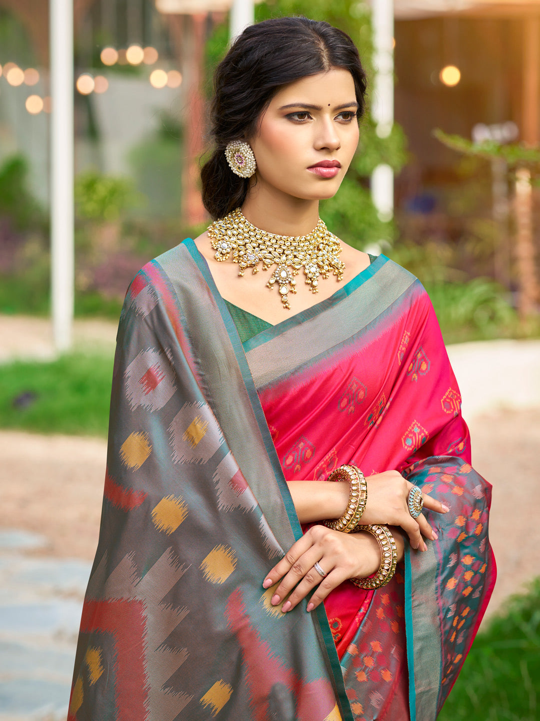 Red woven ikkat style banarasi soft silk saree with blouse piece