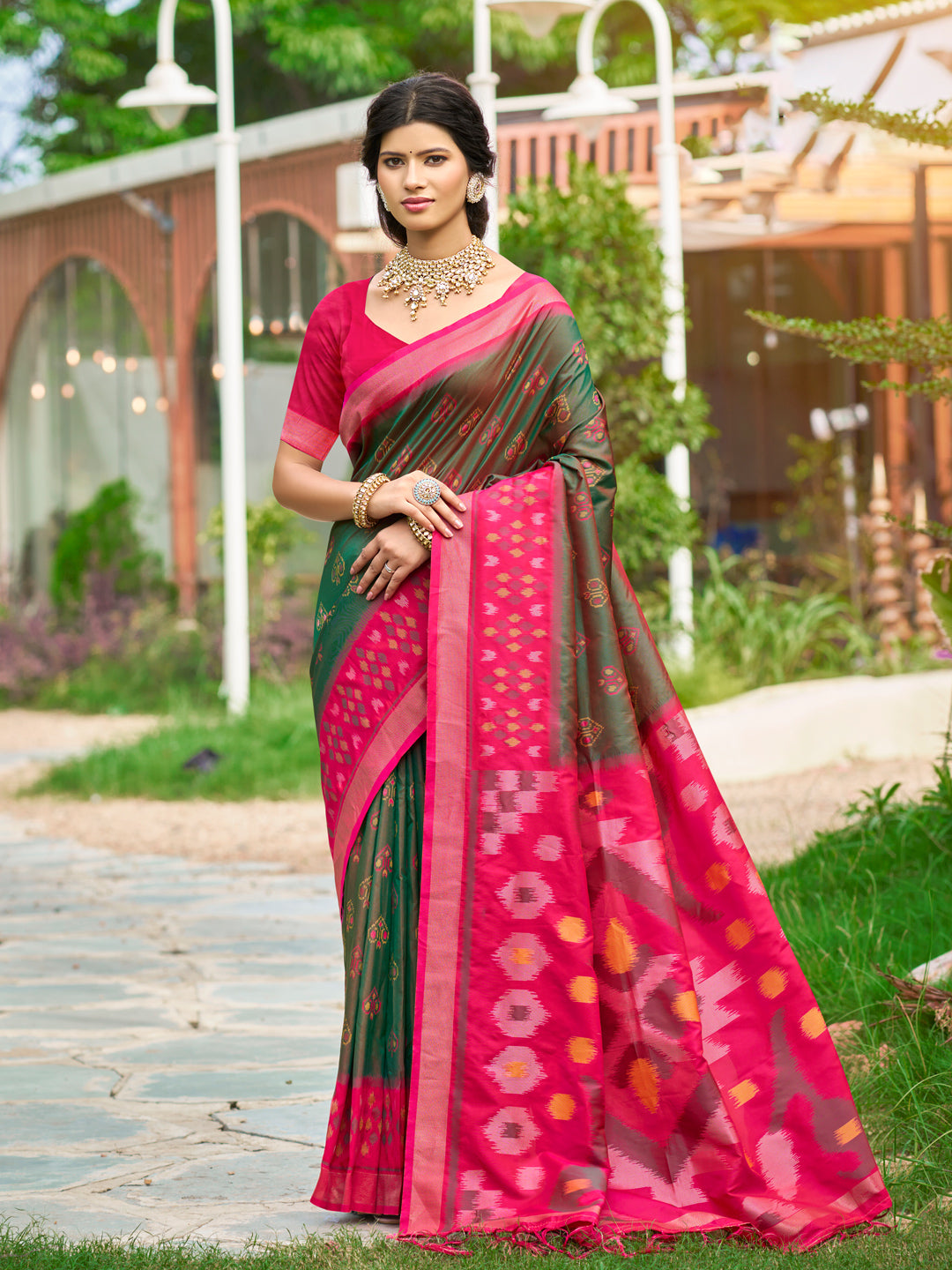 mehndi woven ikkat style banarasi soft silk saree with blouse piece