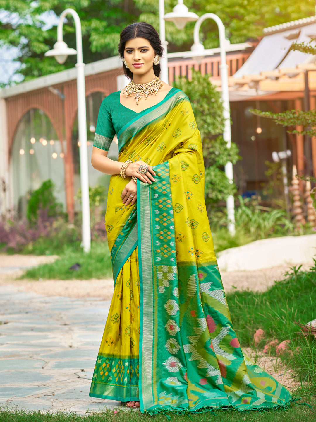 Mustard woven ikkat style banarasi soft silk saree with blouse piece