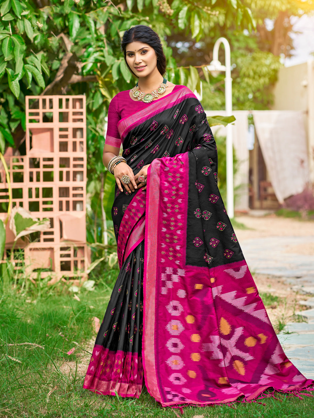 Navy woven ikkat style banarasi soft silk saree with blouse piece
