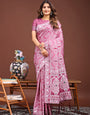 Classic Pink Cotton Linen Woven Saree with Traditional Motifs & Rich Border
