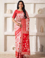 Elegant offwhite & Red Cotton Linen Zari Woven Saree with Floral Motifs and Rich Pallu 132-2