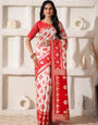Elegant offwhite & Red Cotton Linen Zari Woven Saree with Floral Motifs and Rich Pallu 132-3