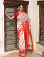White Red woven banarasi style linen cotton saree with blouse piece-01
