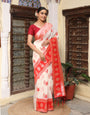 White Red woven banarasi style linen cotton saree with blouse piece-02