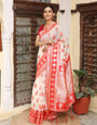 White Red woven banarasi style linen cotton saree with blouse piece-03