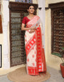 White Red woven banarasi style linen cotton saree with blouse piece-04