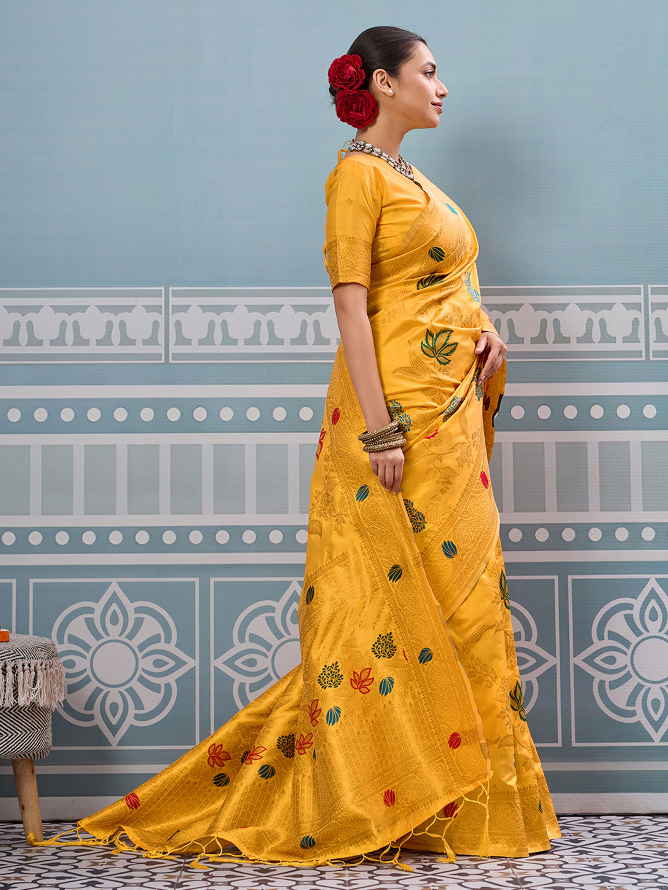 Yellow woven banarasi silk saree with blouse piece