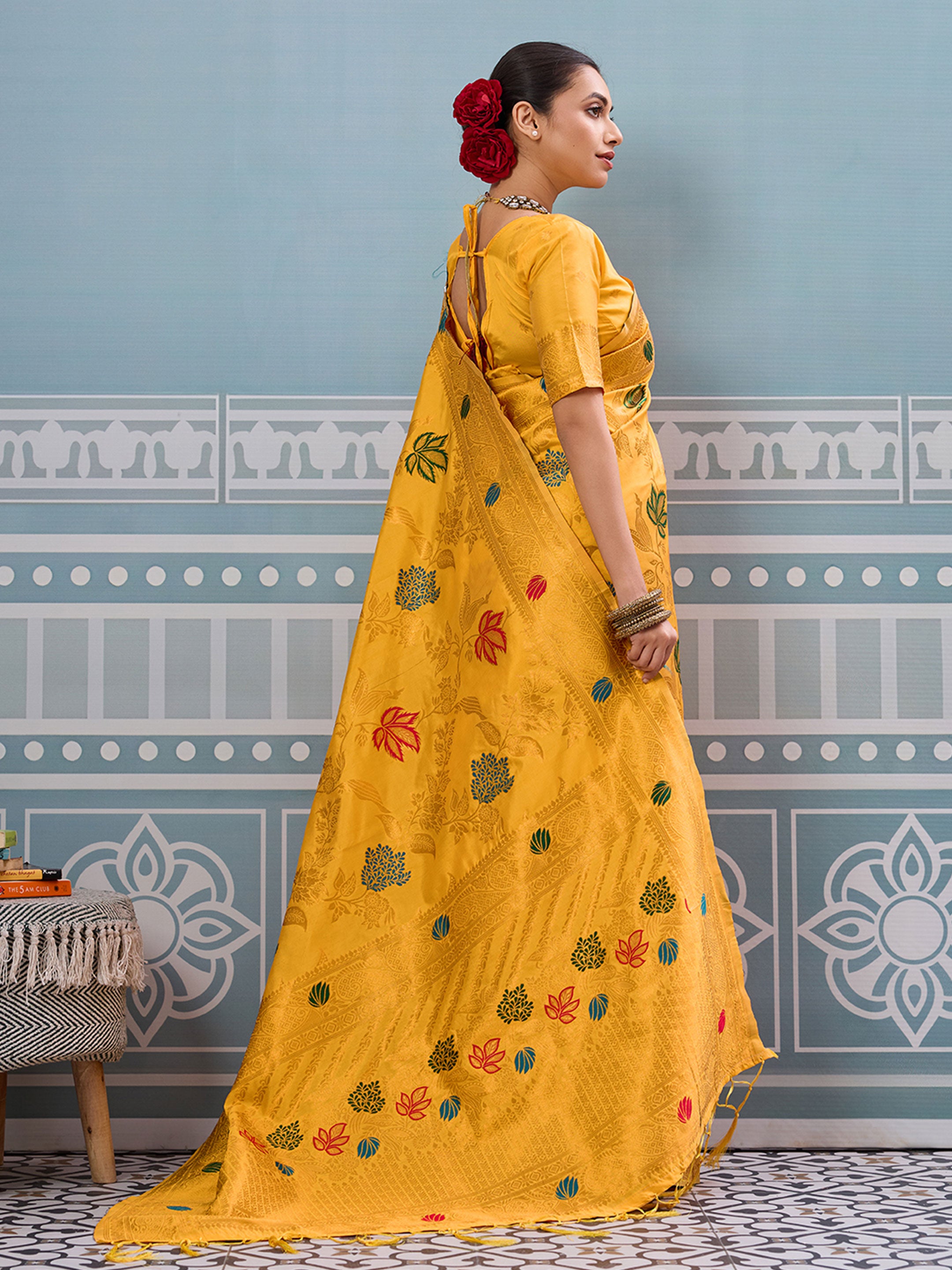 Yellow woven banarasi silk saree with blouse piece