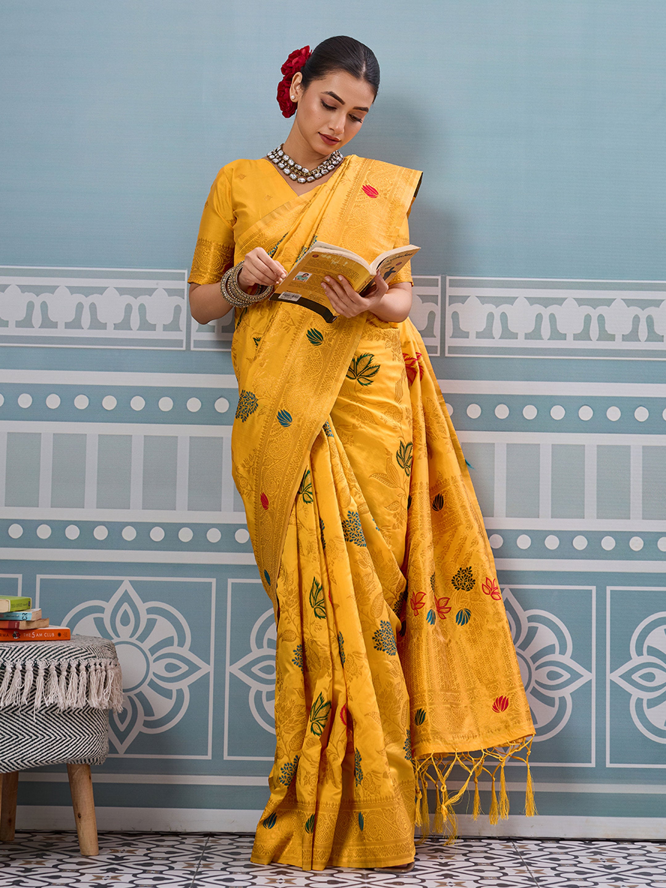 Yellow woven banarasi silk saree with blouse piece