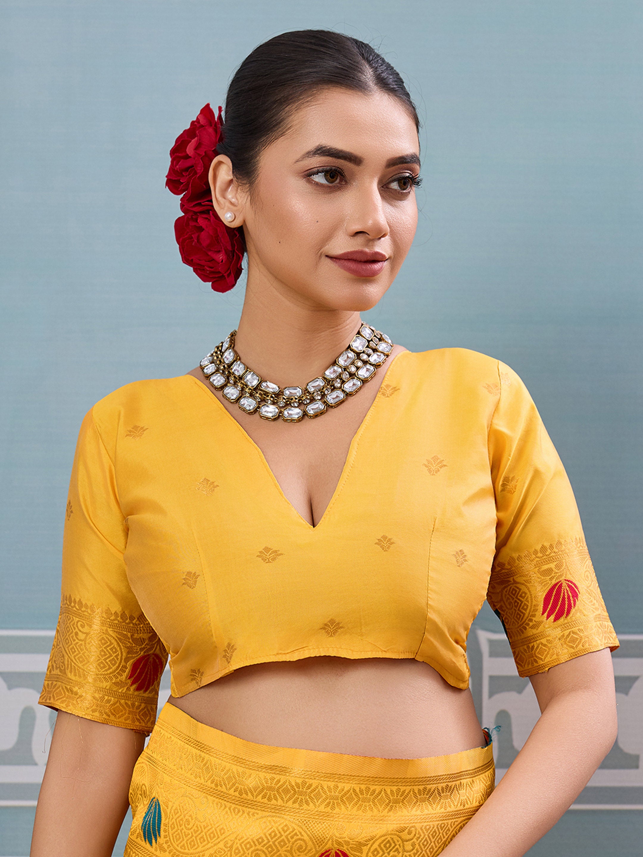 Yellow woven banarasi silk saree with blouse piece