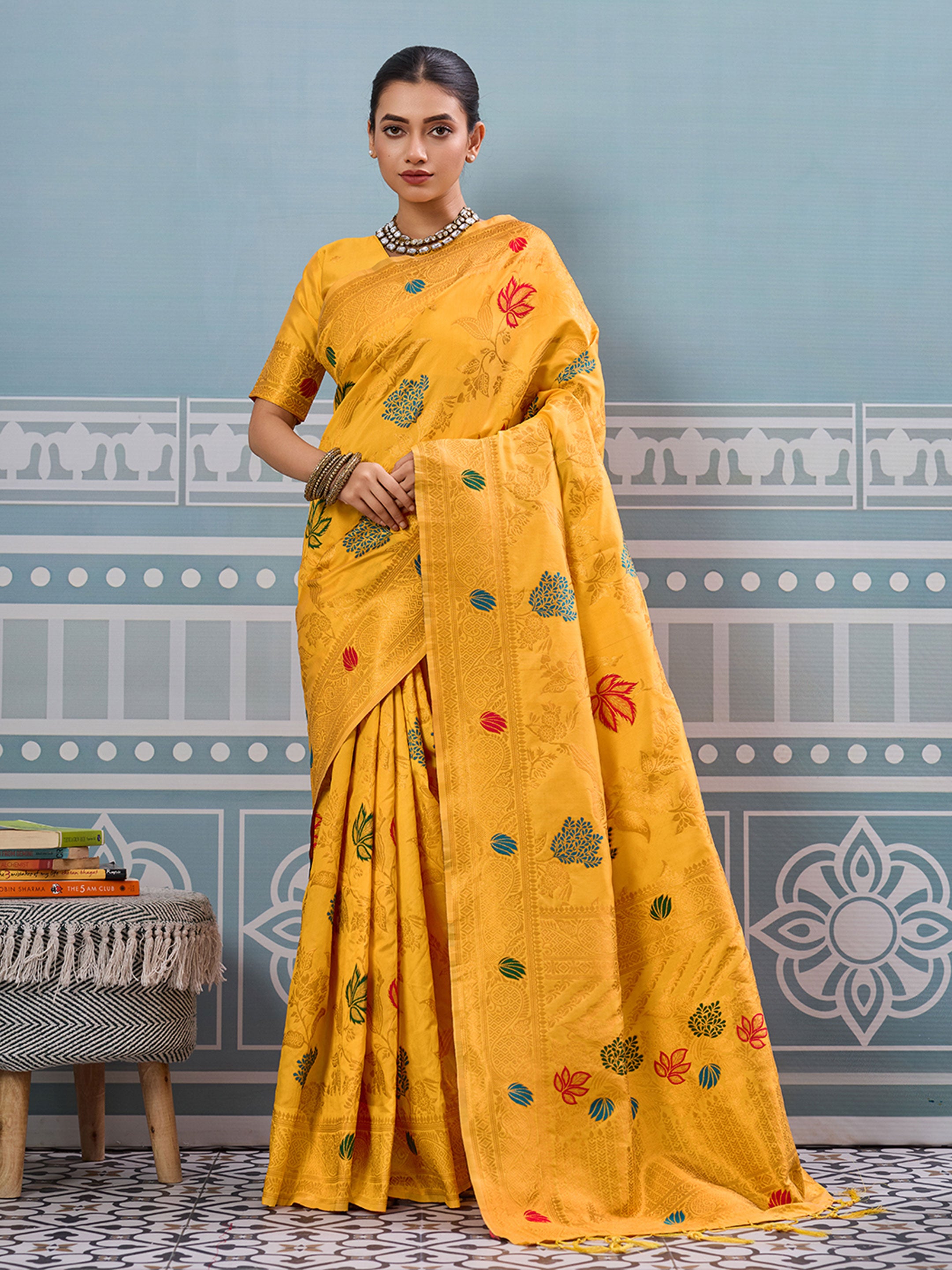 Yellow woven banarasi silk saree with blouse piece