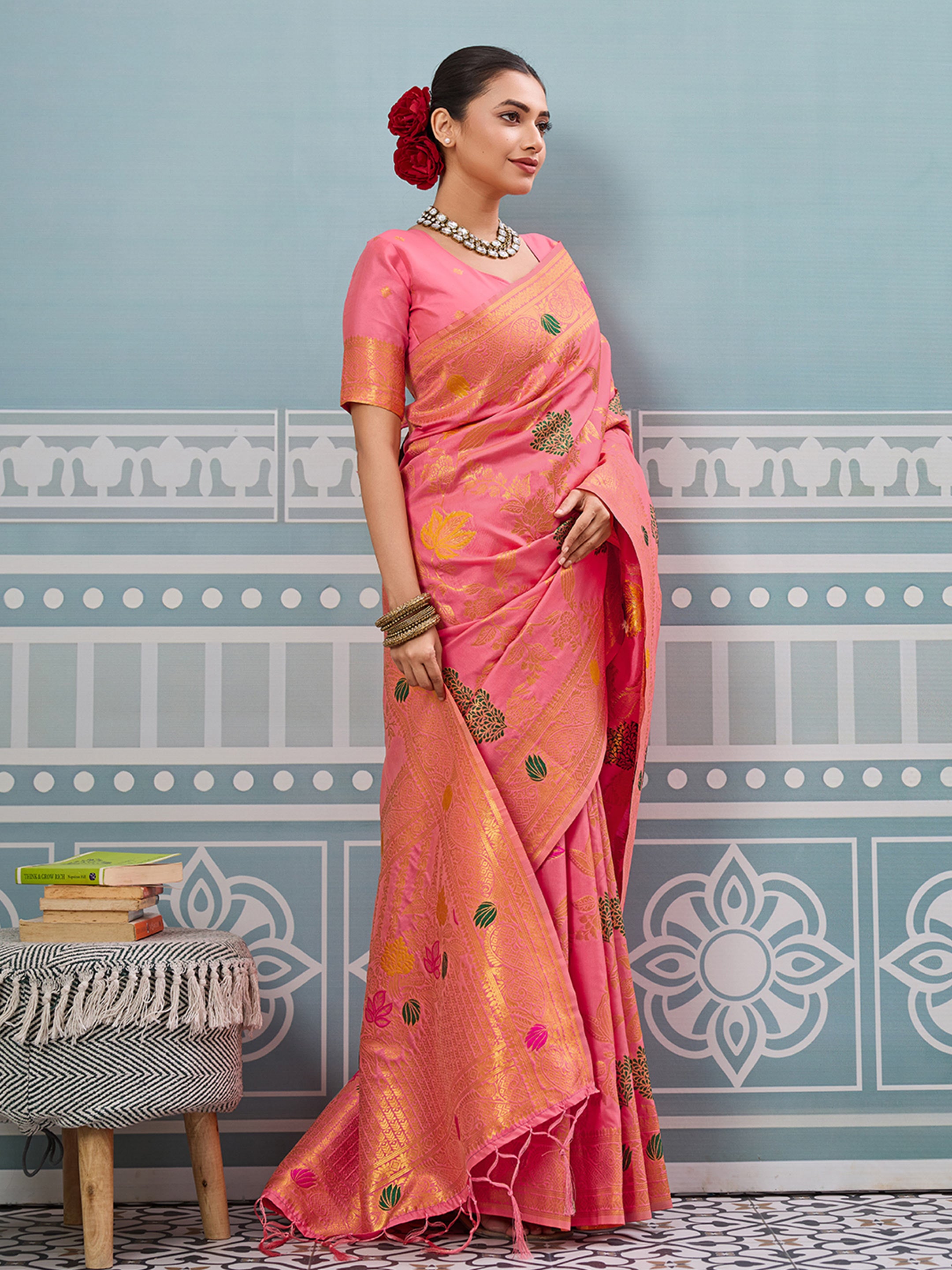 Gajari woven banarasi silk saree with blouse piece
