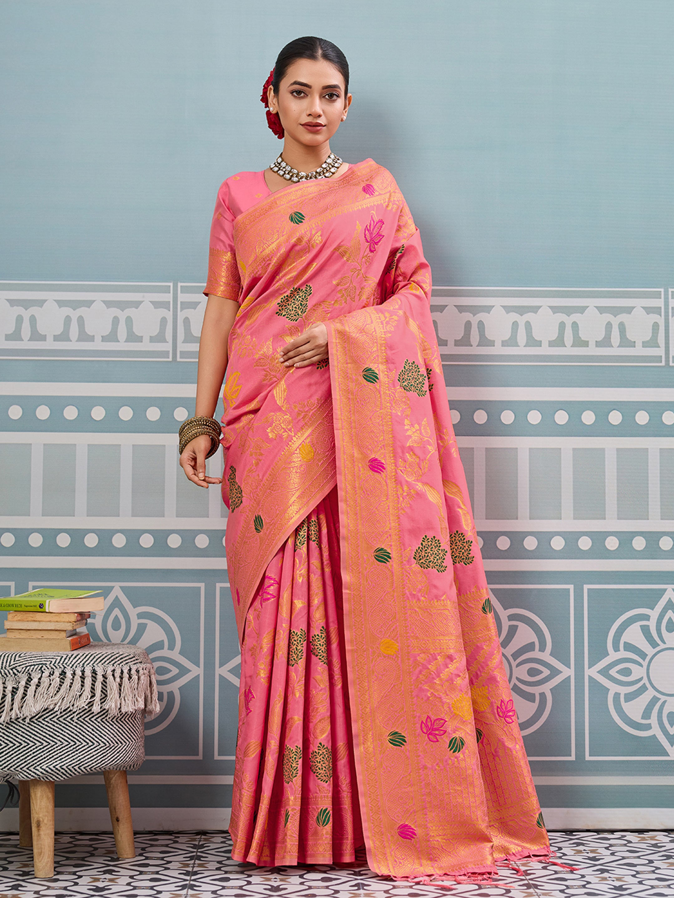 Gajari woven banarasi silk saree with blouse piece