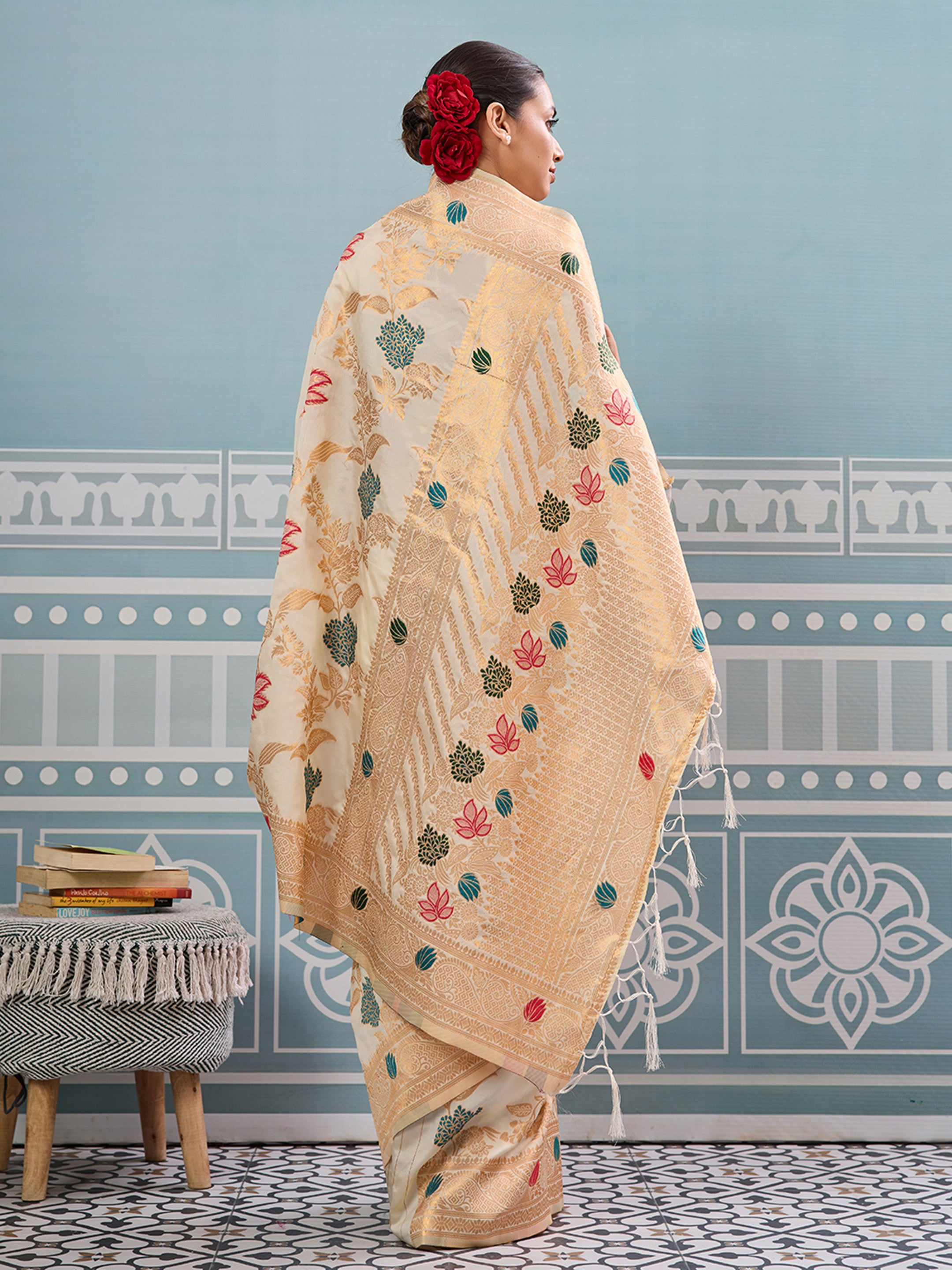 Off-white woven banarasi silk saree with blouse piece