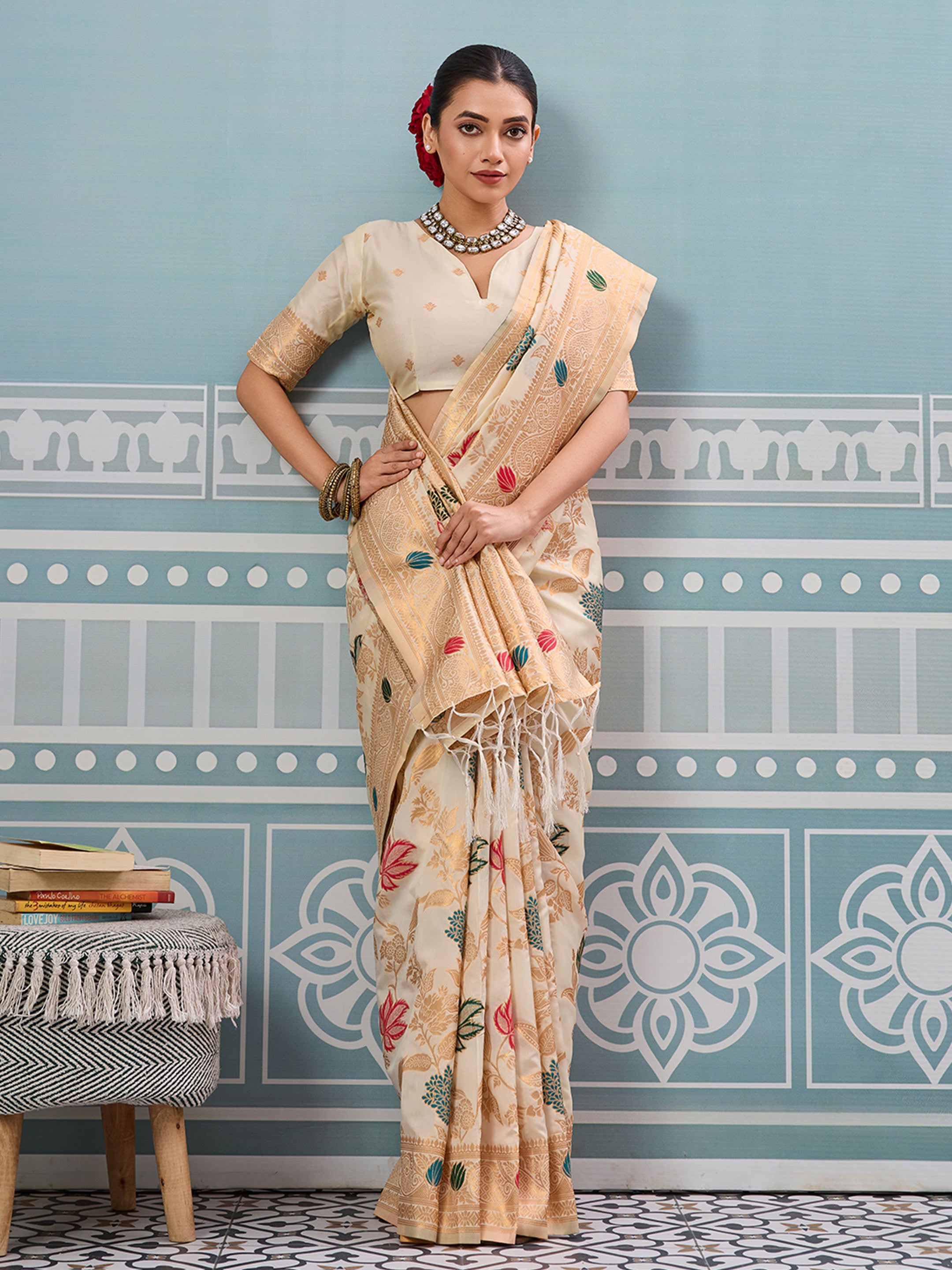 Off-white woven banarasi silk saree with blouse piece
