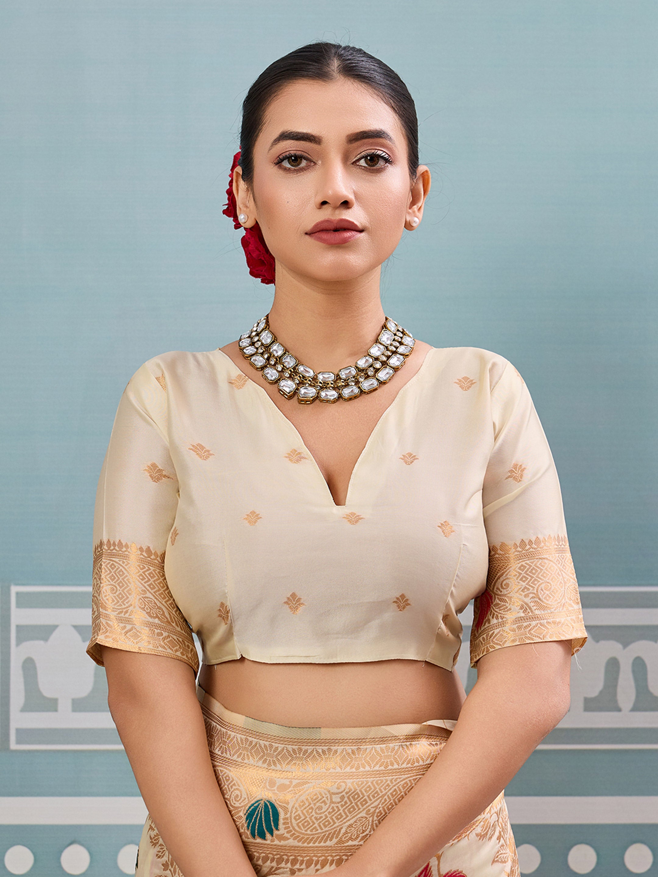 Off-white woven banarasi silk saree with blouse piece