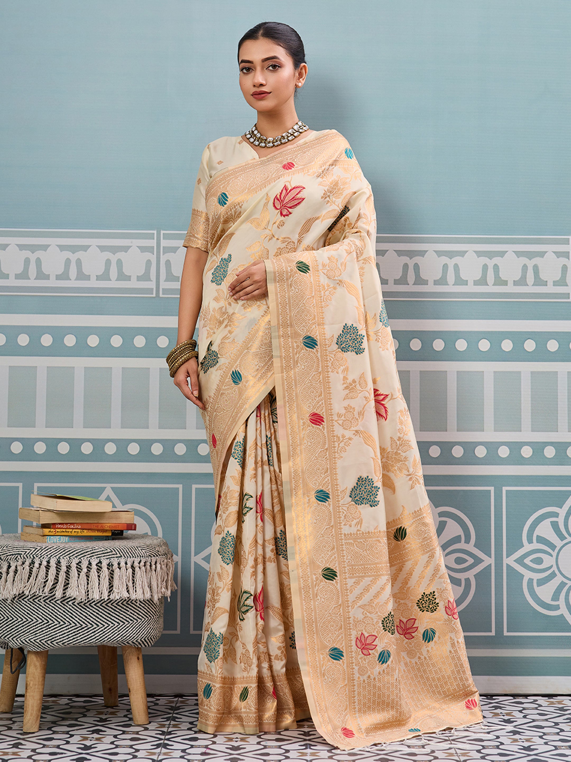 Off-white woven banarasi silk saree with blouse piece