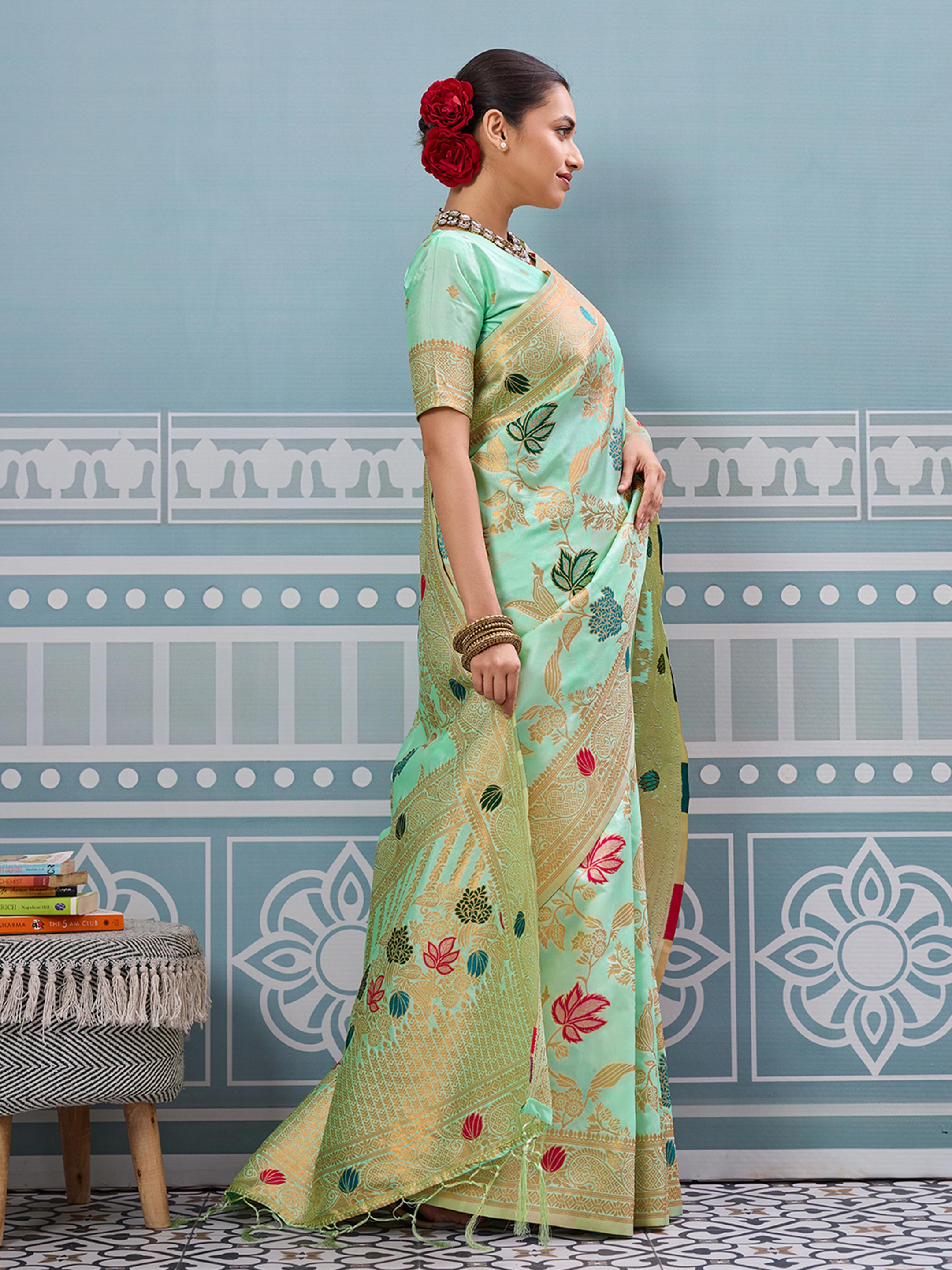 Pista woven banarasi silk saree with blouse piece