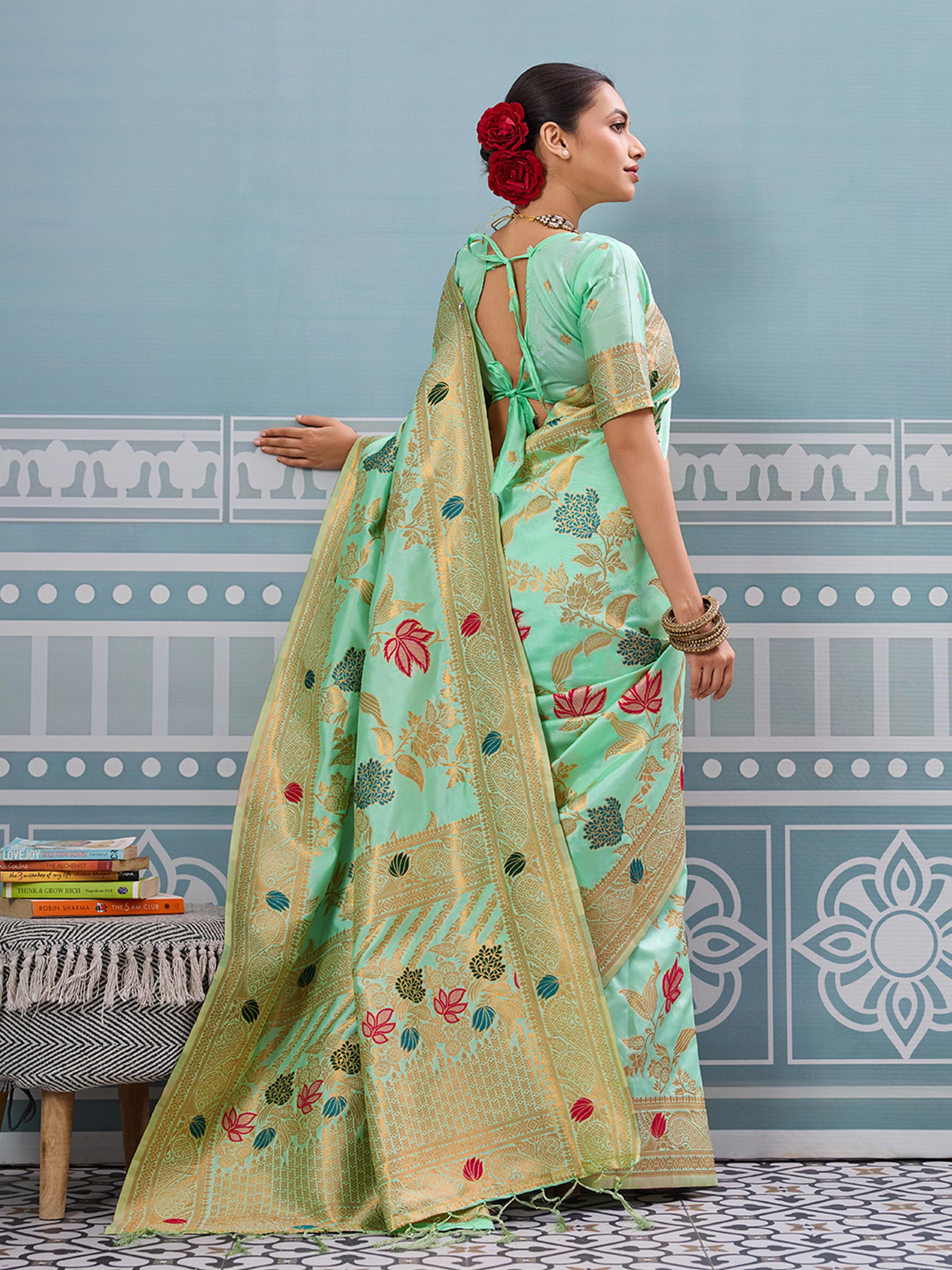 Pista woven banarasi silk saree with blouse piece