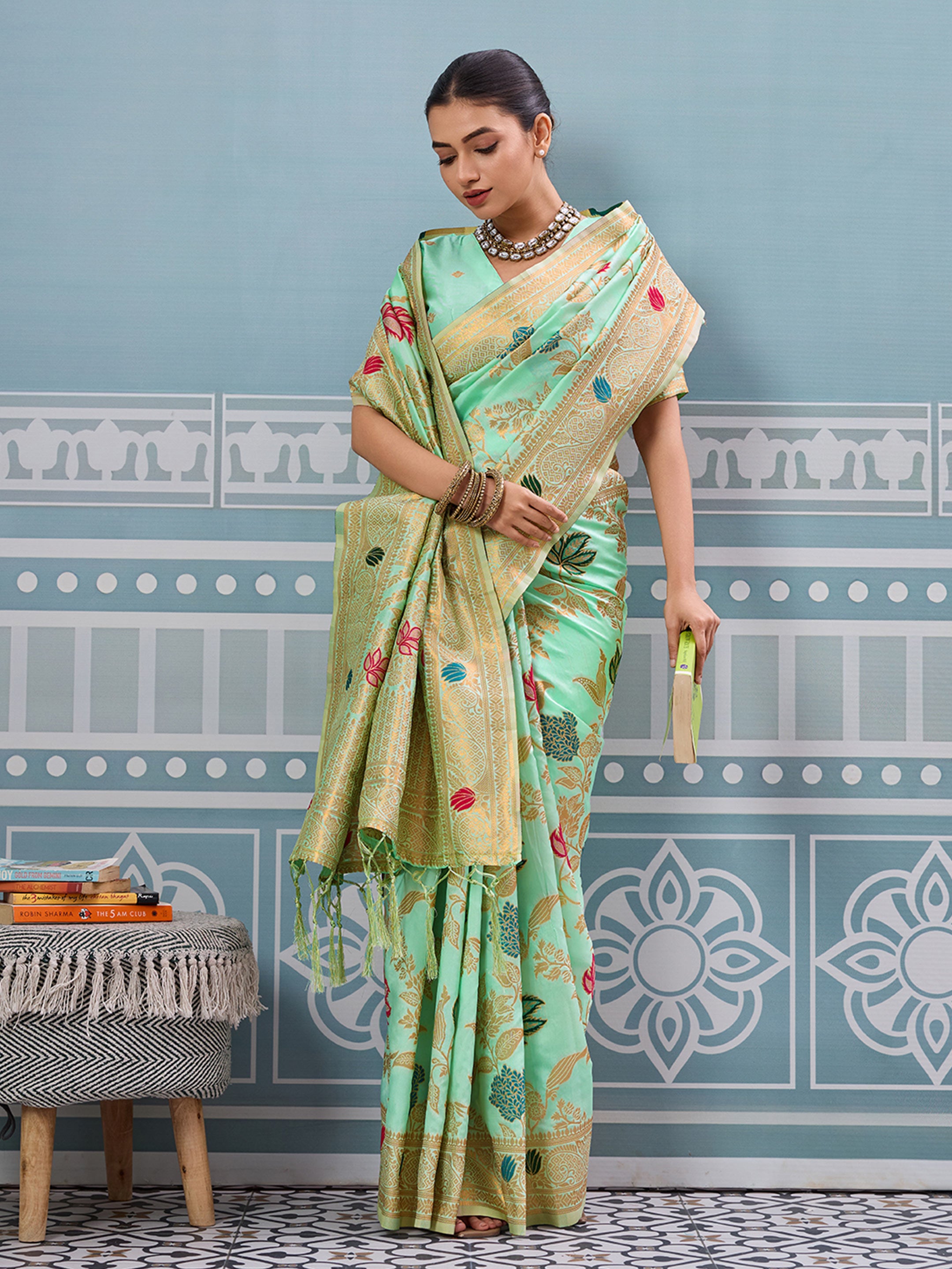 Pista woven banarasi silk saree with blouse piece