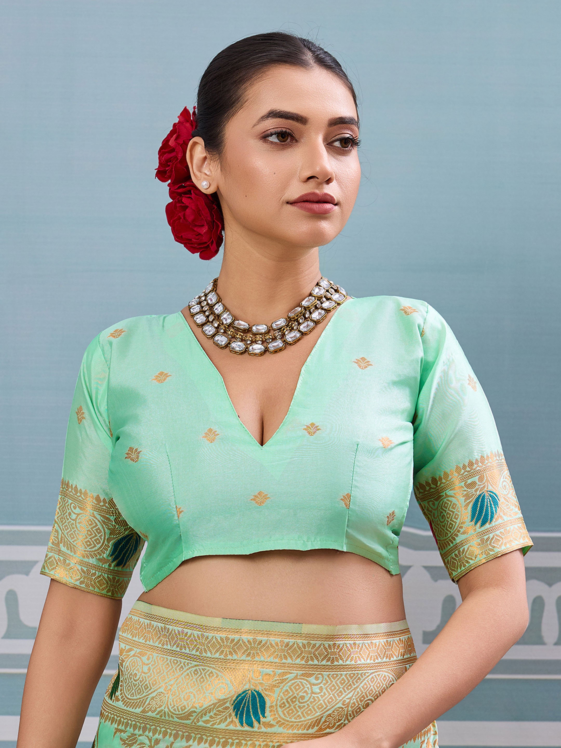 Pista woven banarasi silk saree with blouse piece