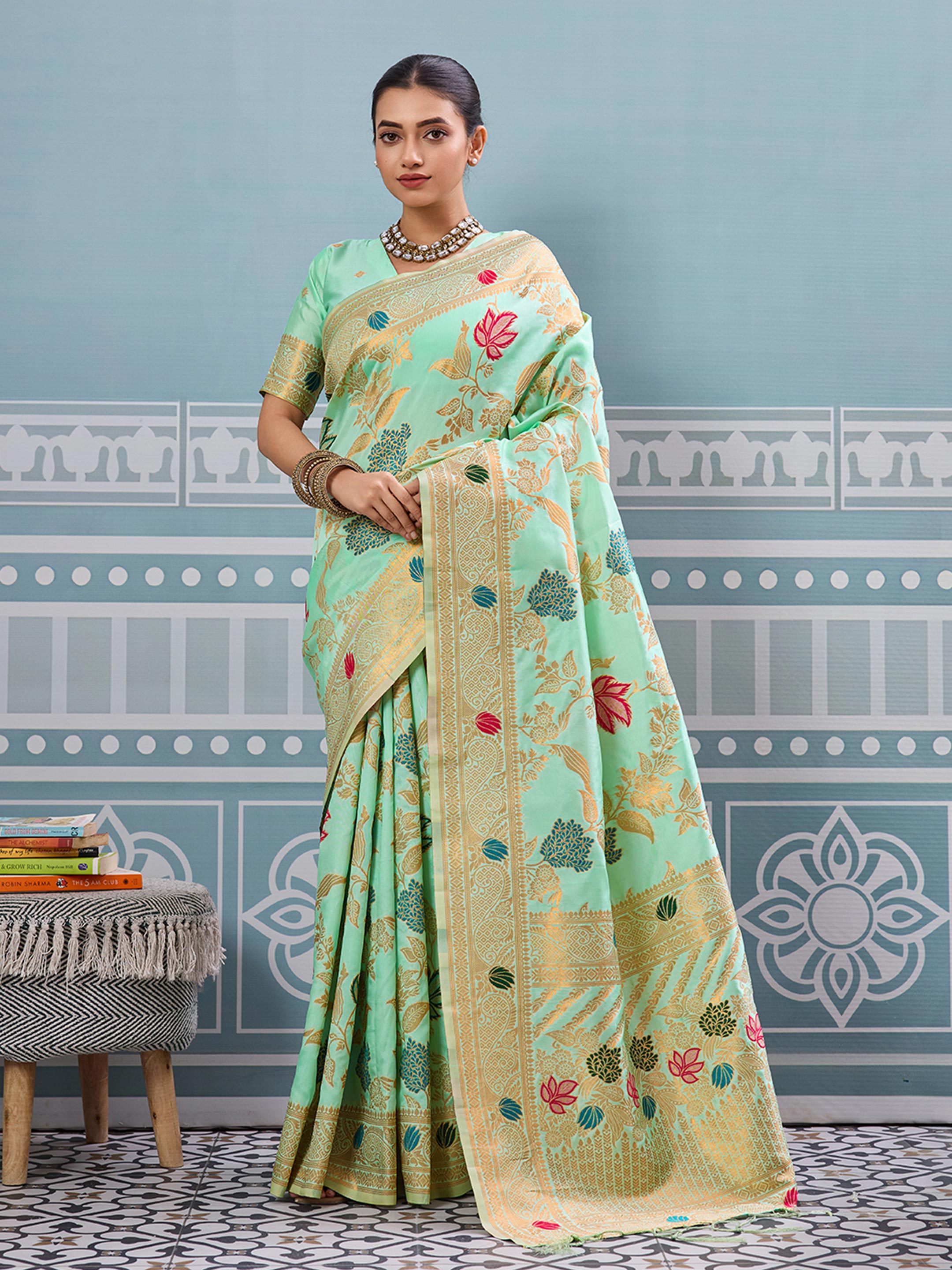 Pista woven banarasi silk saree with blouse piece