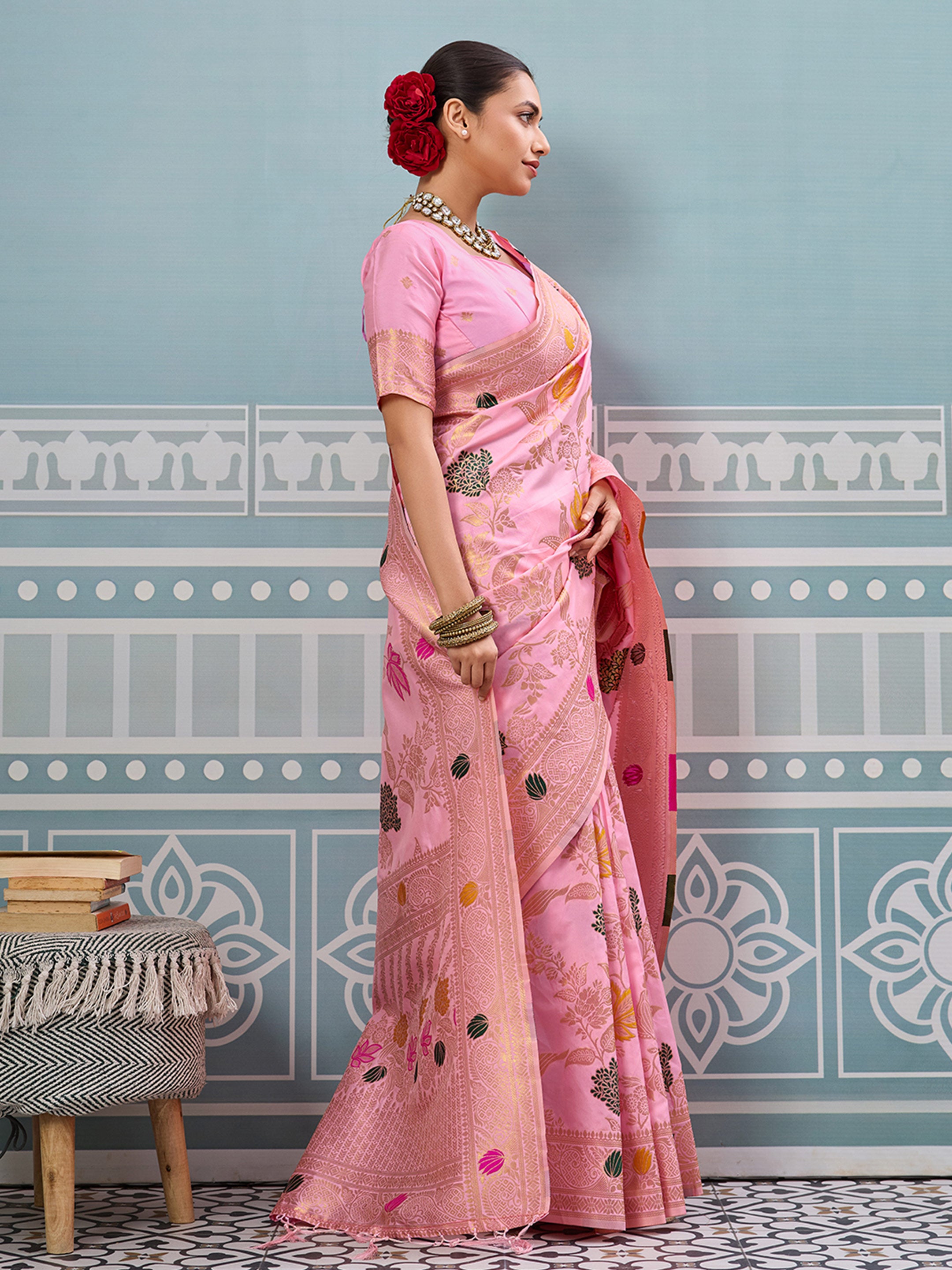 Lightpink woven banarasi silk saree with blouse piece