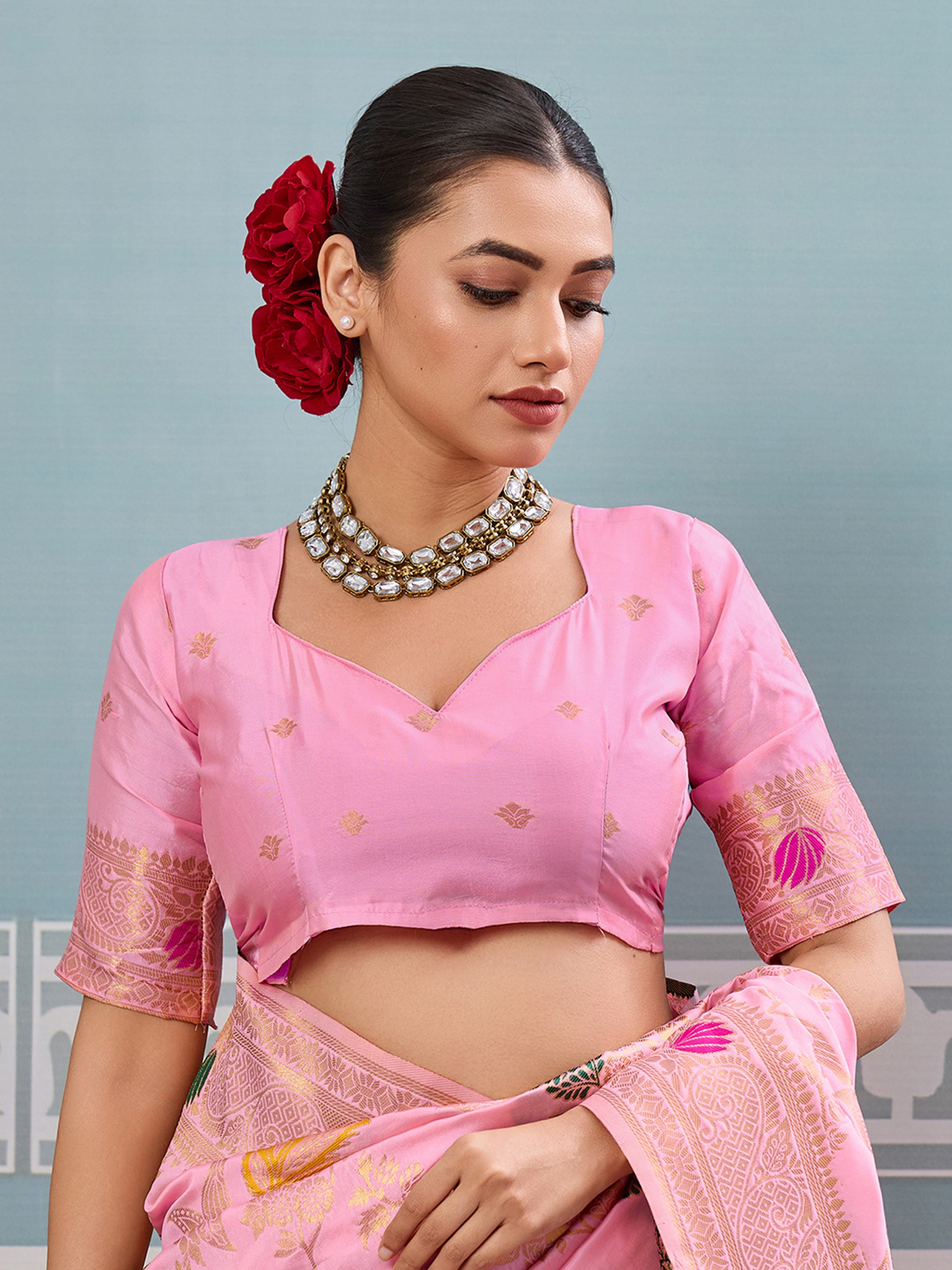 Lightpink woven banarasi silk saree with blouse piece