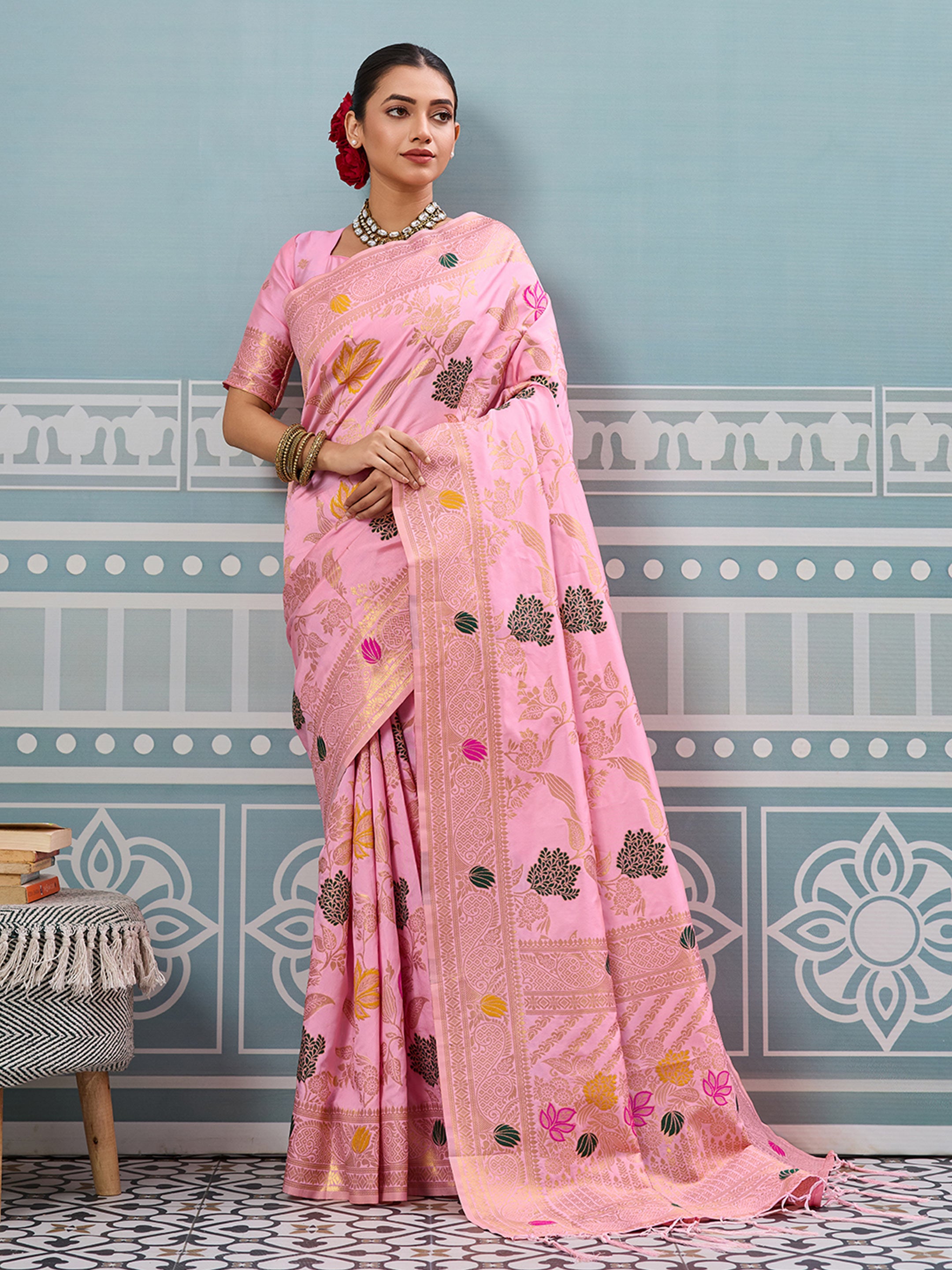 Lightpink woven banarasi silk saree with blouse piece