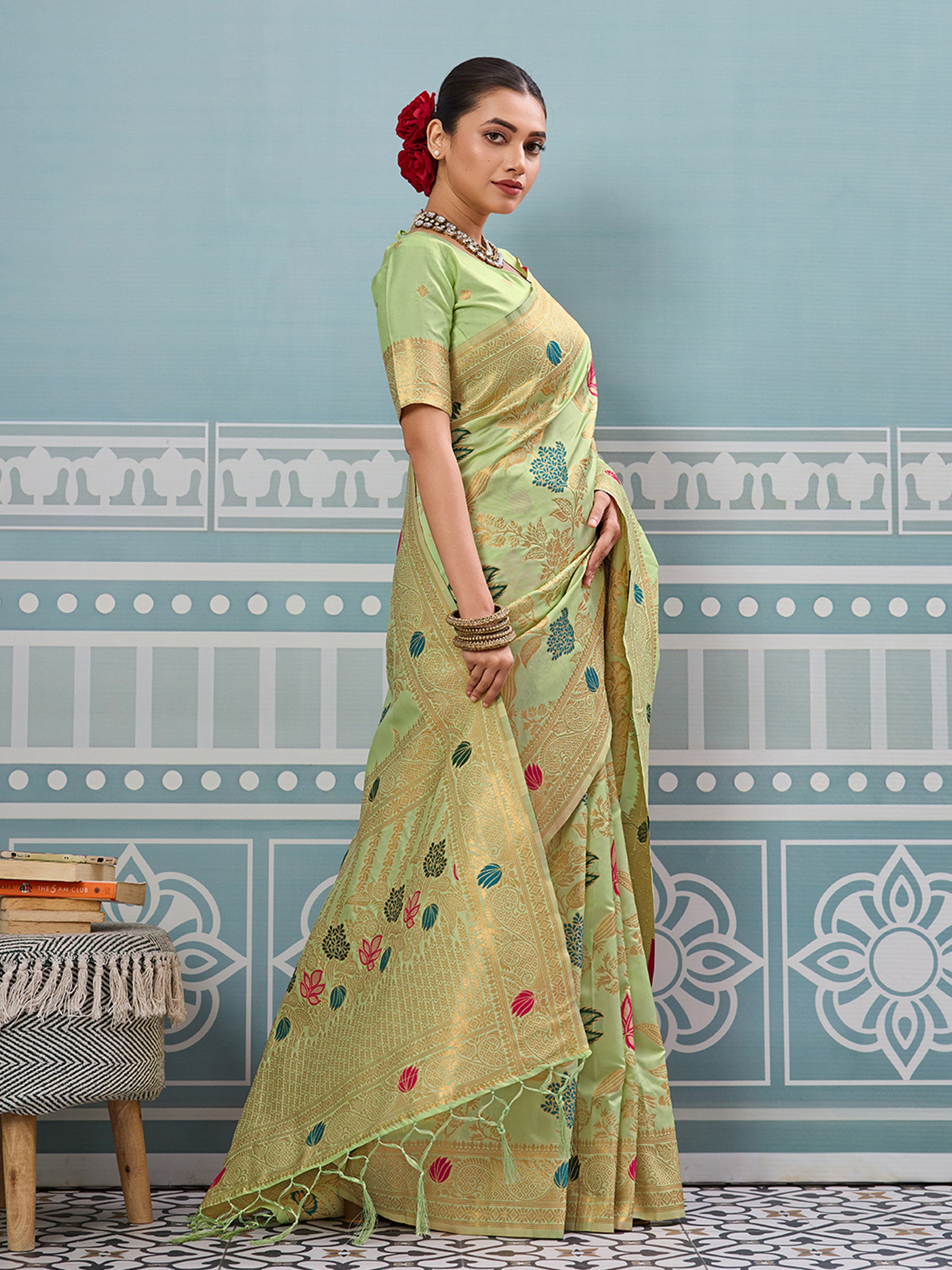 Seagreen woven banarasi silk saree with blouse piece