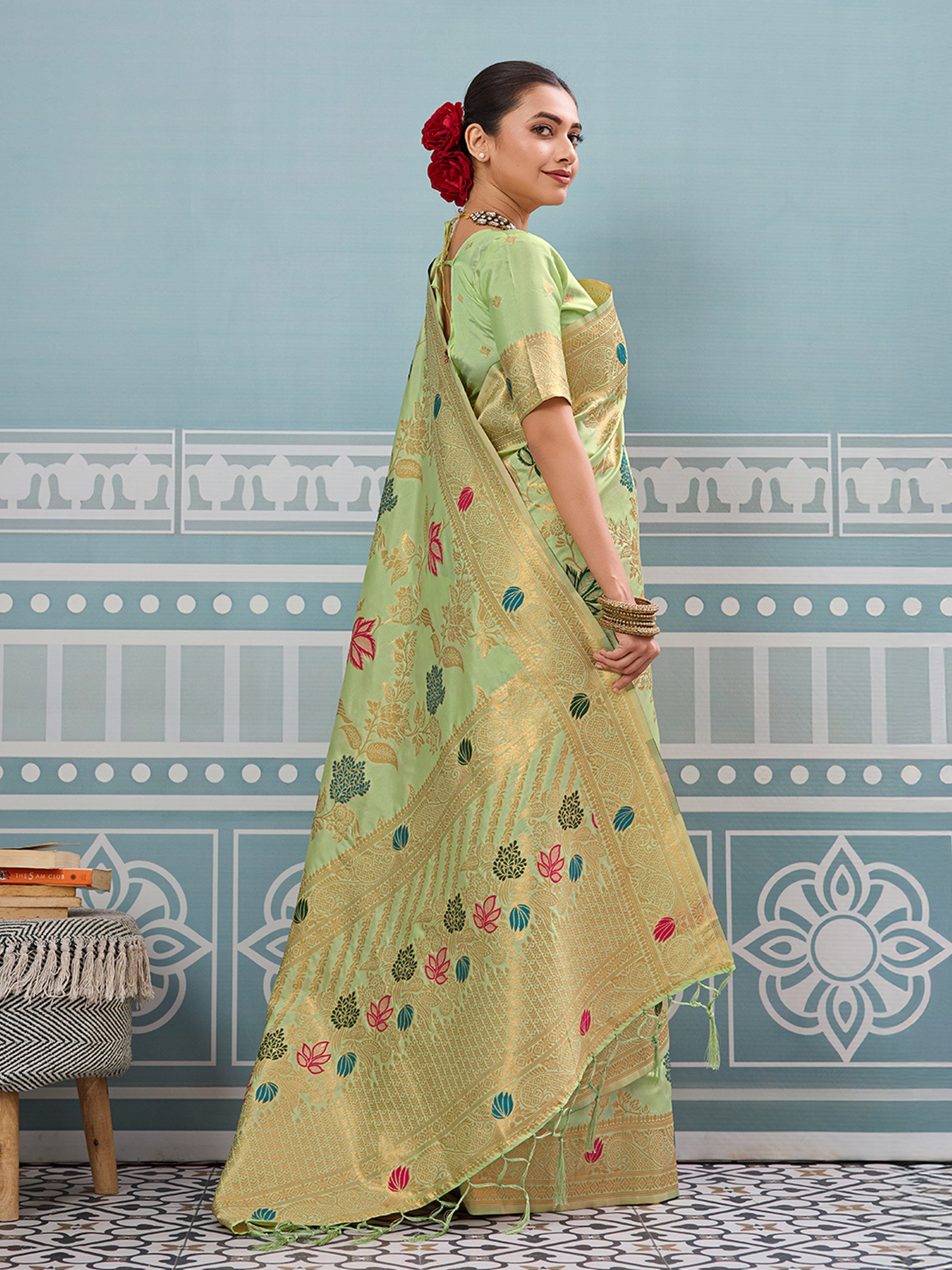 Seagreen woven banarasi silk saree with blouse piece