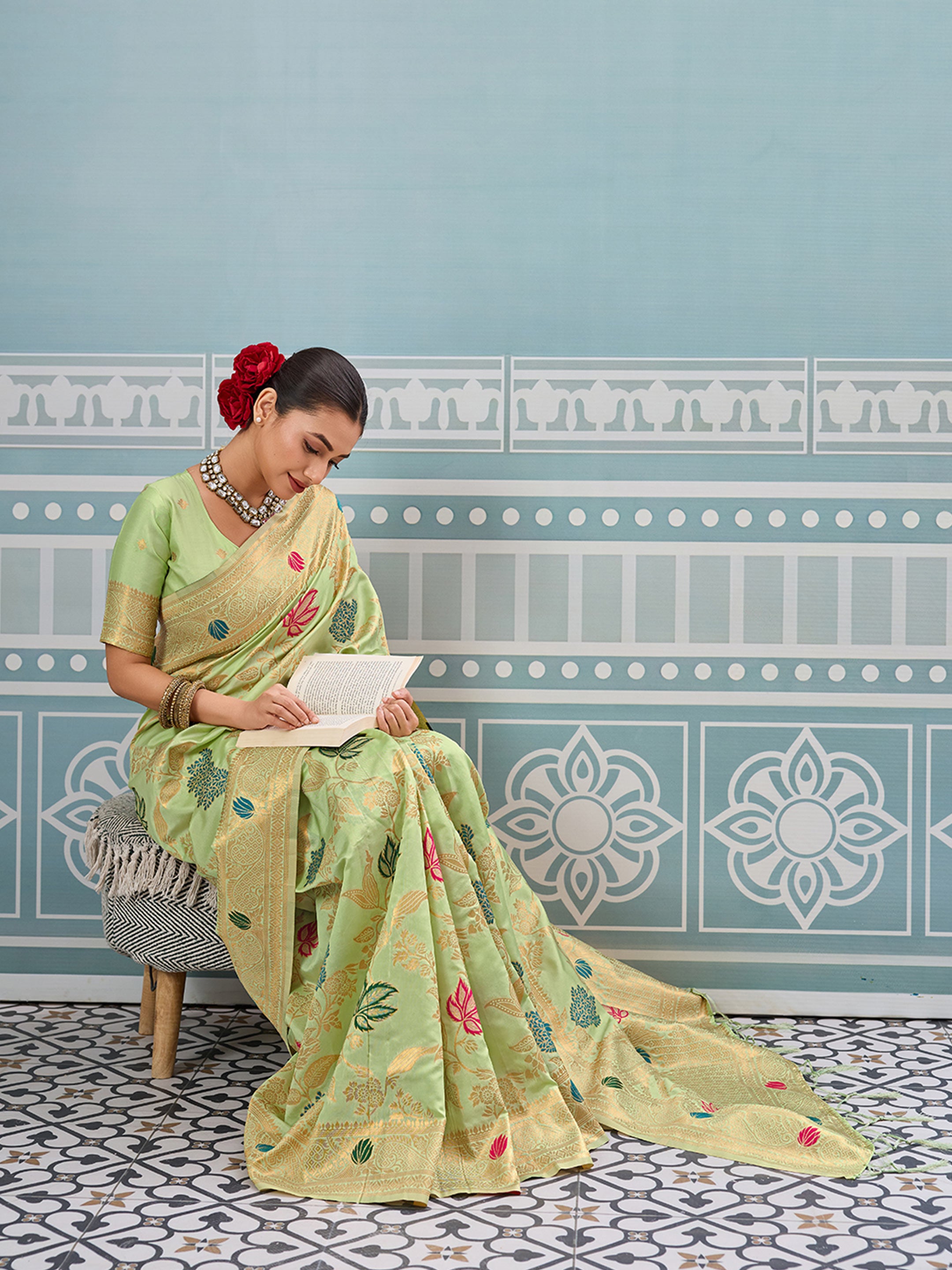 Seagreen woven banarasi silk saree with blouse piece