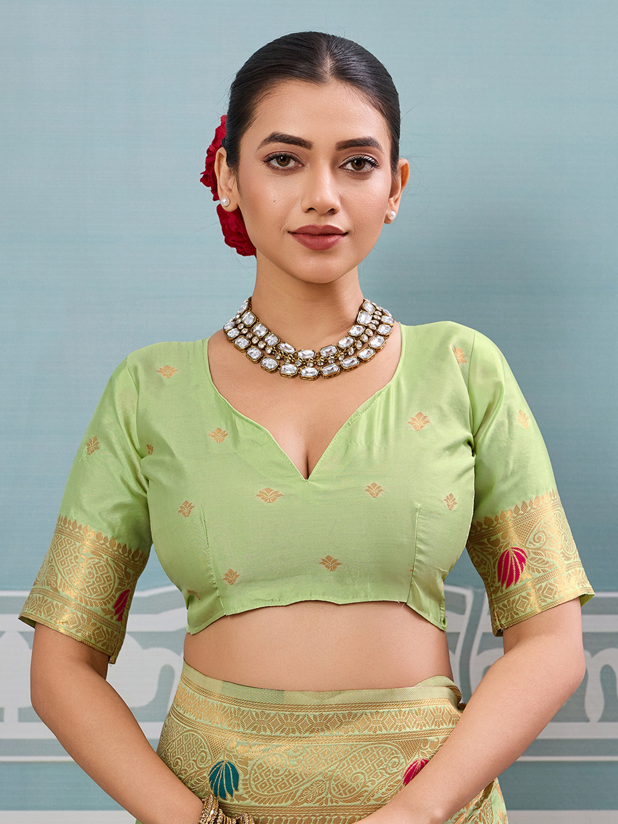 Seagreen woven banarasi silk saree with blouse piece