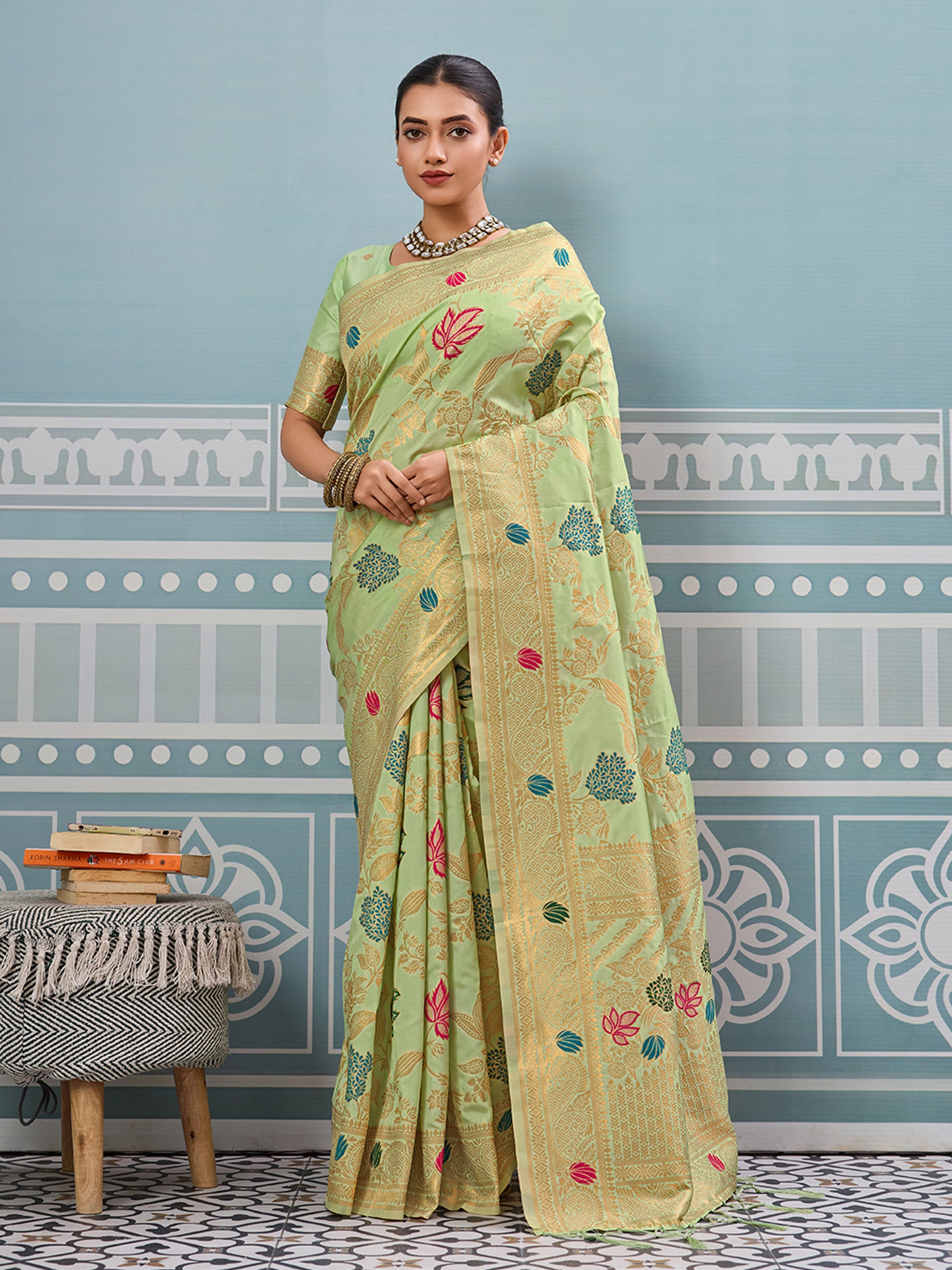 Seagreen woven banarasi silk saree with blouse piece