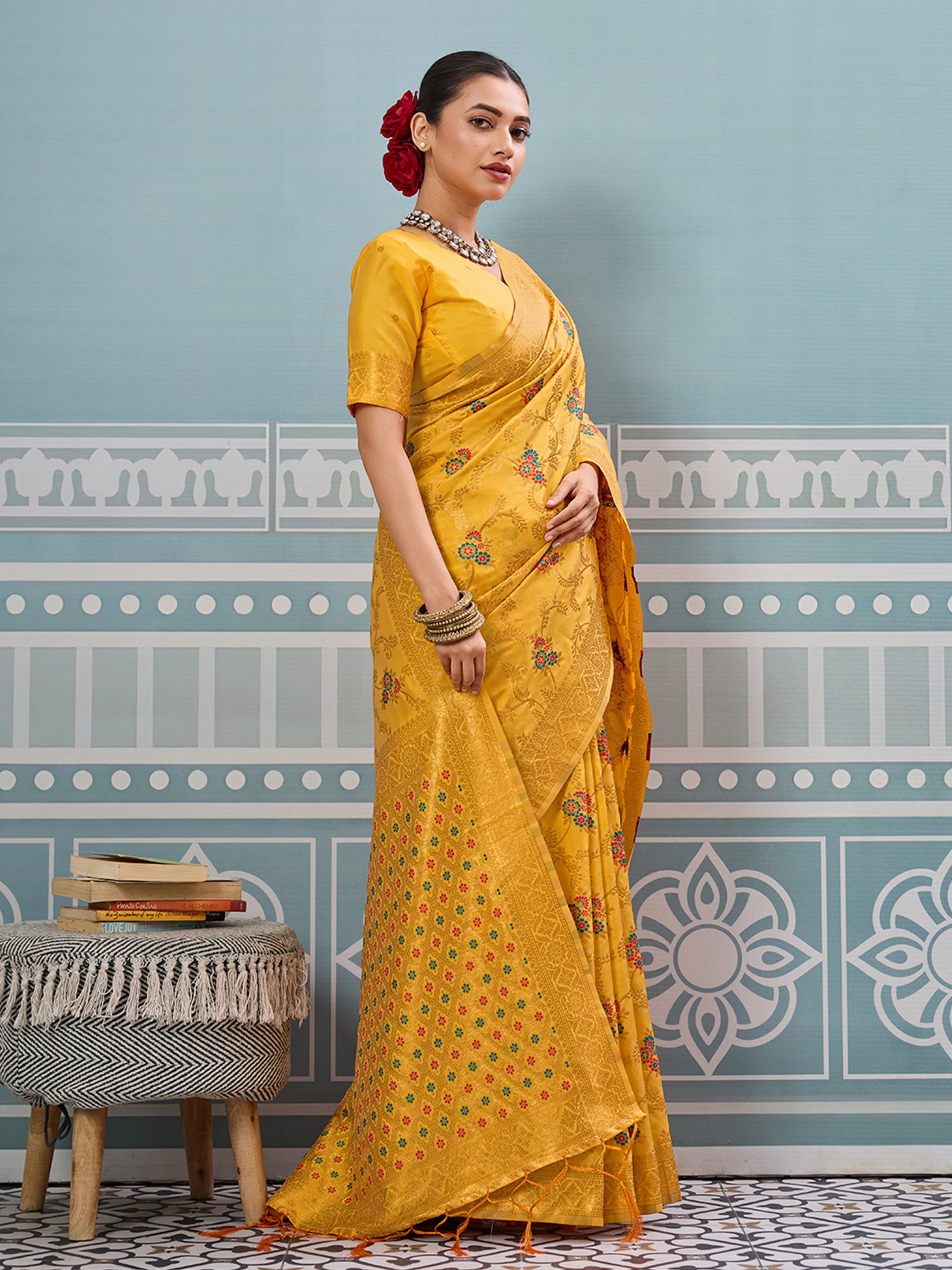 Yellow woven banarasi silk saree with blouse piece