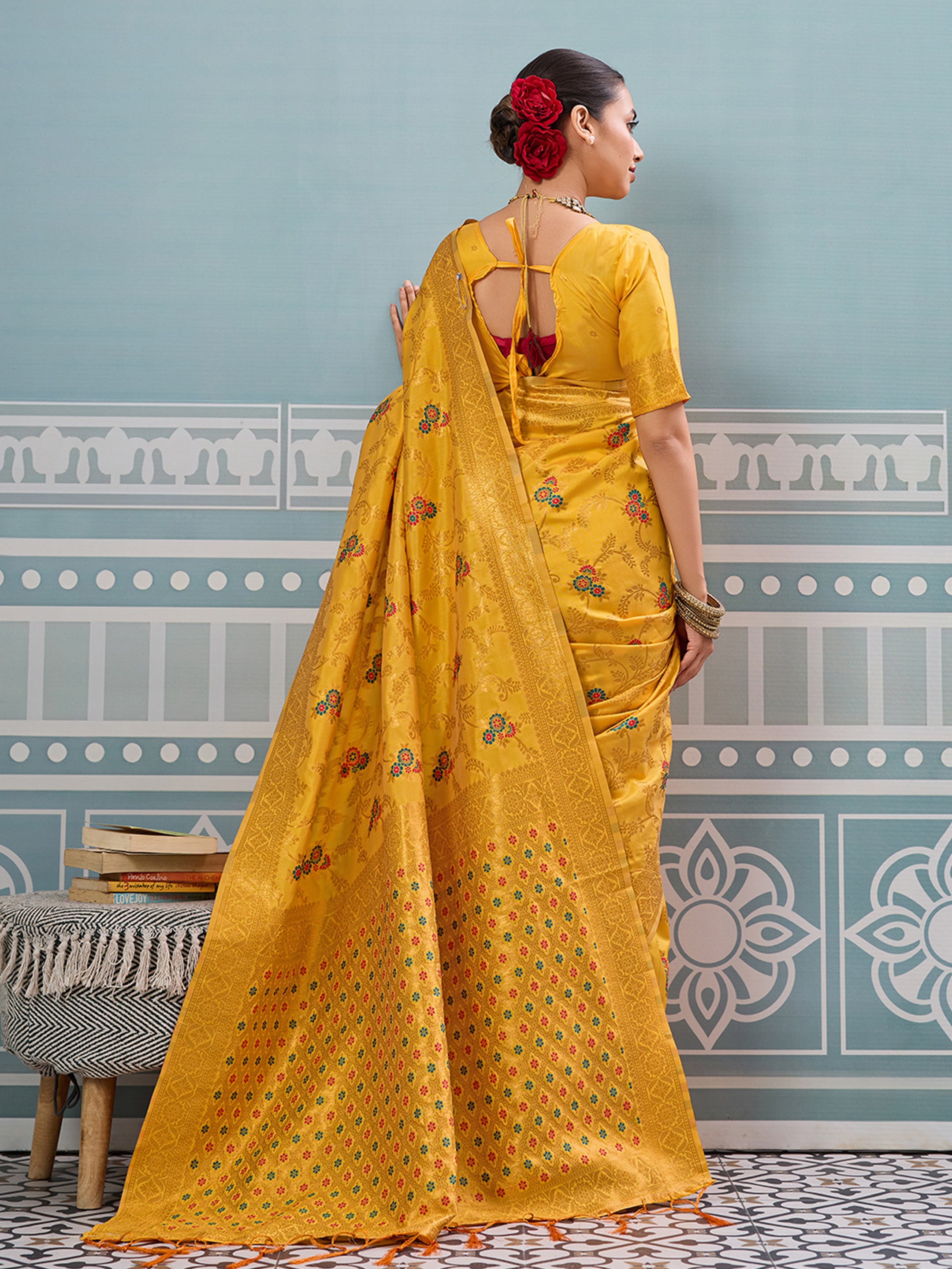 Yellow woven banarasi silk saree with blouse piece