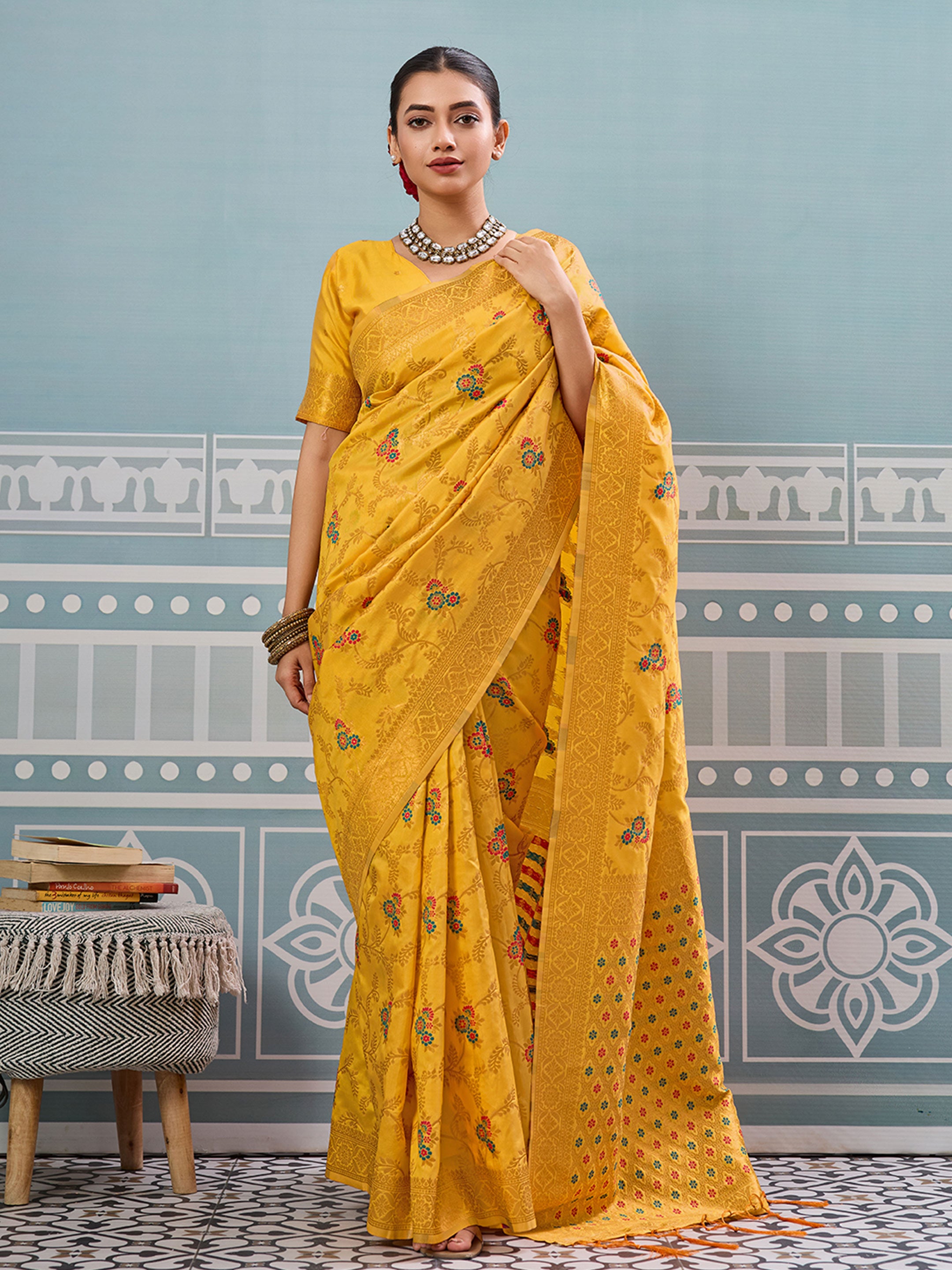 Yellow woven banarasi silk saree with blouse piece