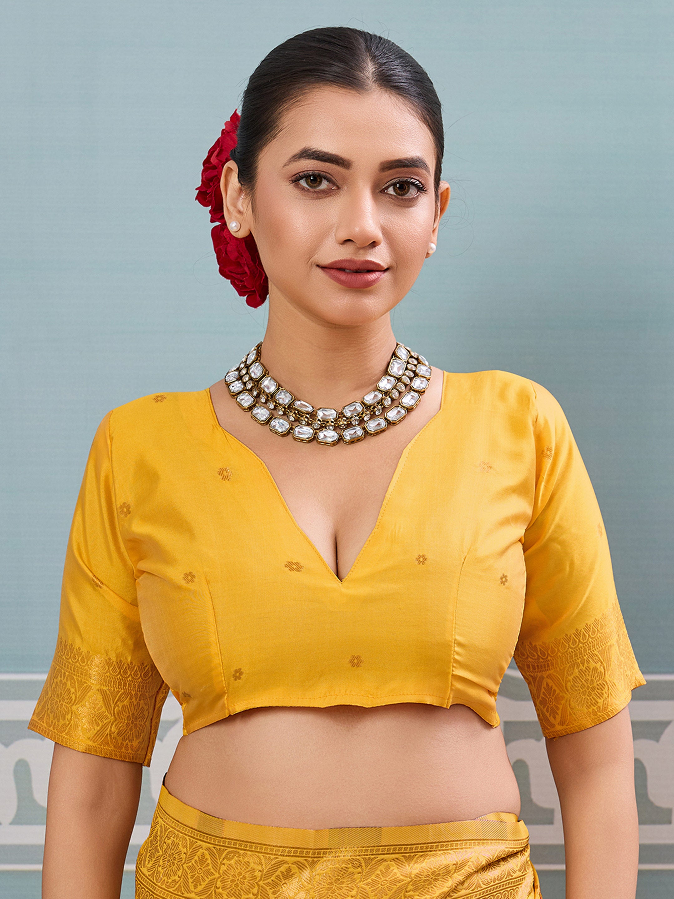 Yellow woven banarasi silk saree with blouse piece