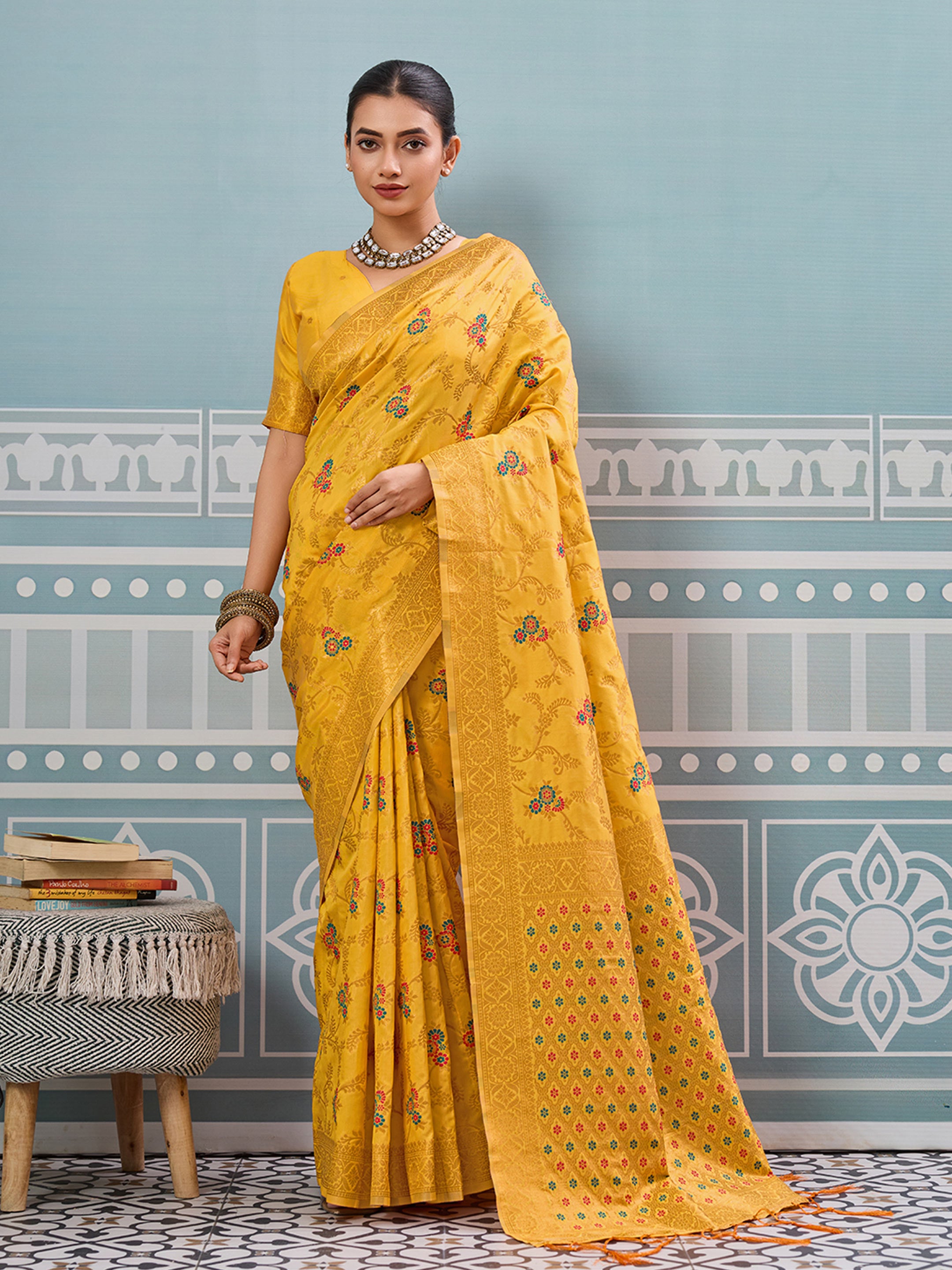 Yellow woven banarasi silk saree with blouse piece