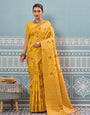 Yellow woven banarasi silk saree with blouse piece