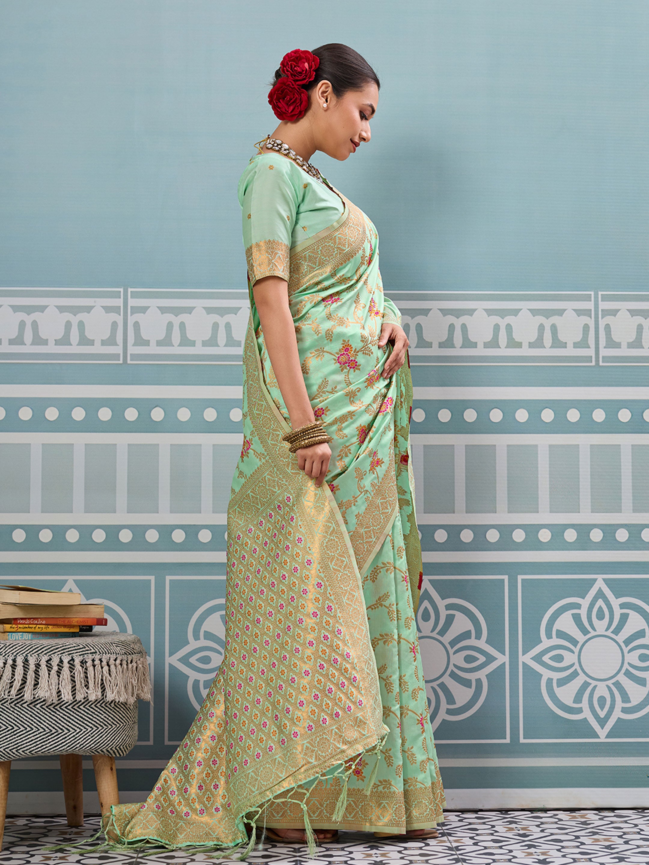 Pista woven banarasi silk saree with blouse piece
