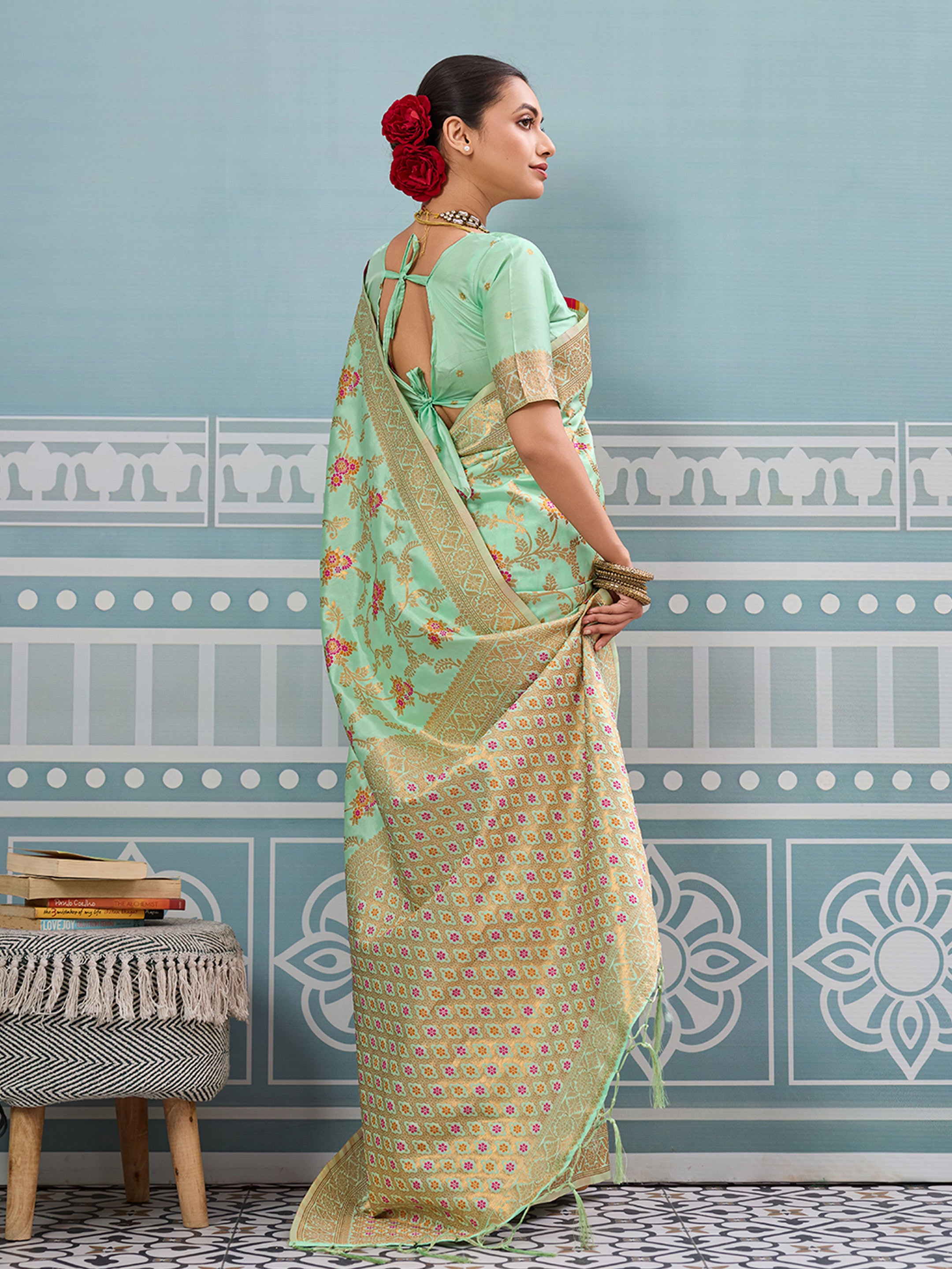 Pista woven banarasi silk saree with blouse piece