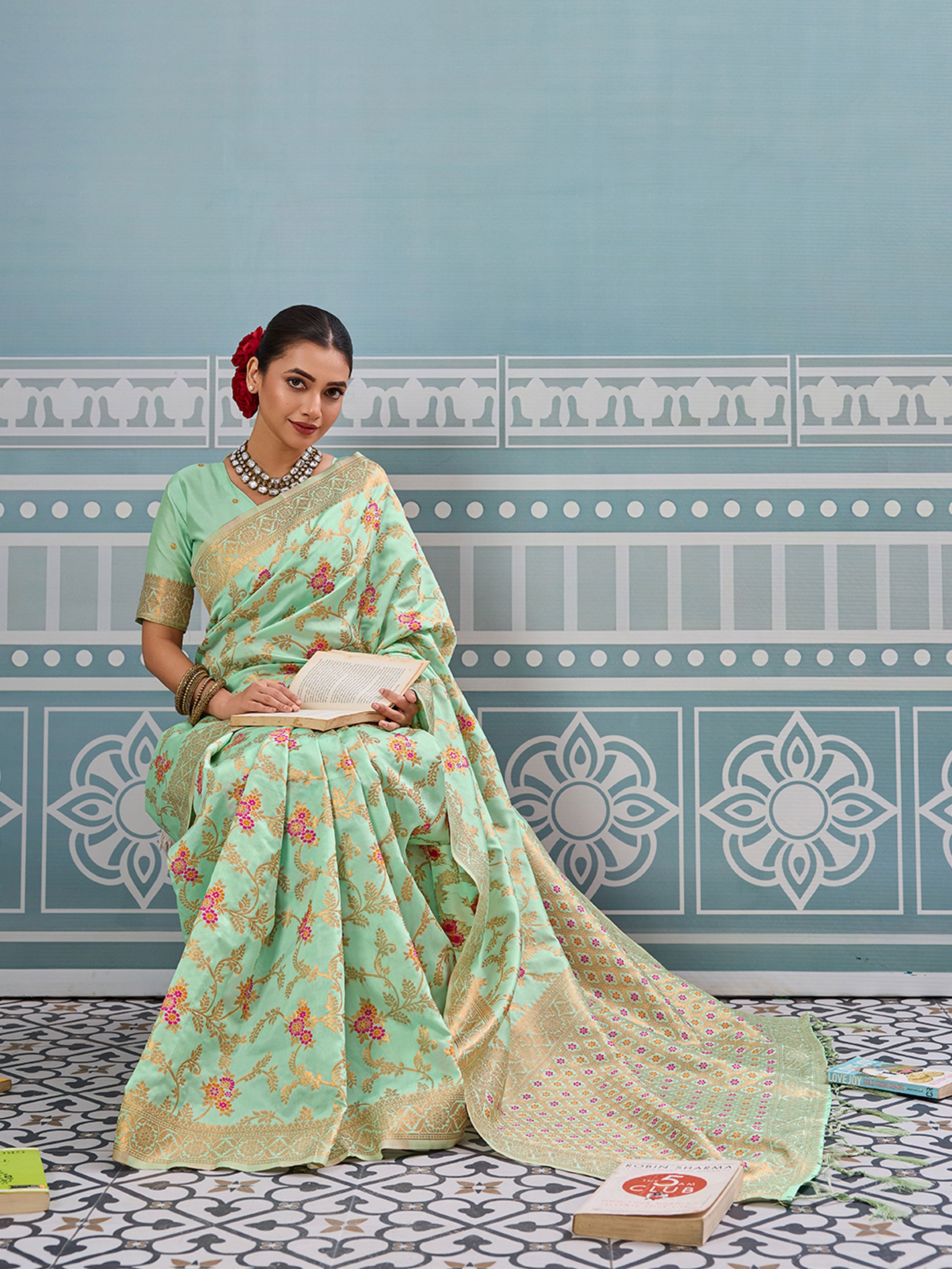 Pista woven banarasi silk saree with blouse piece