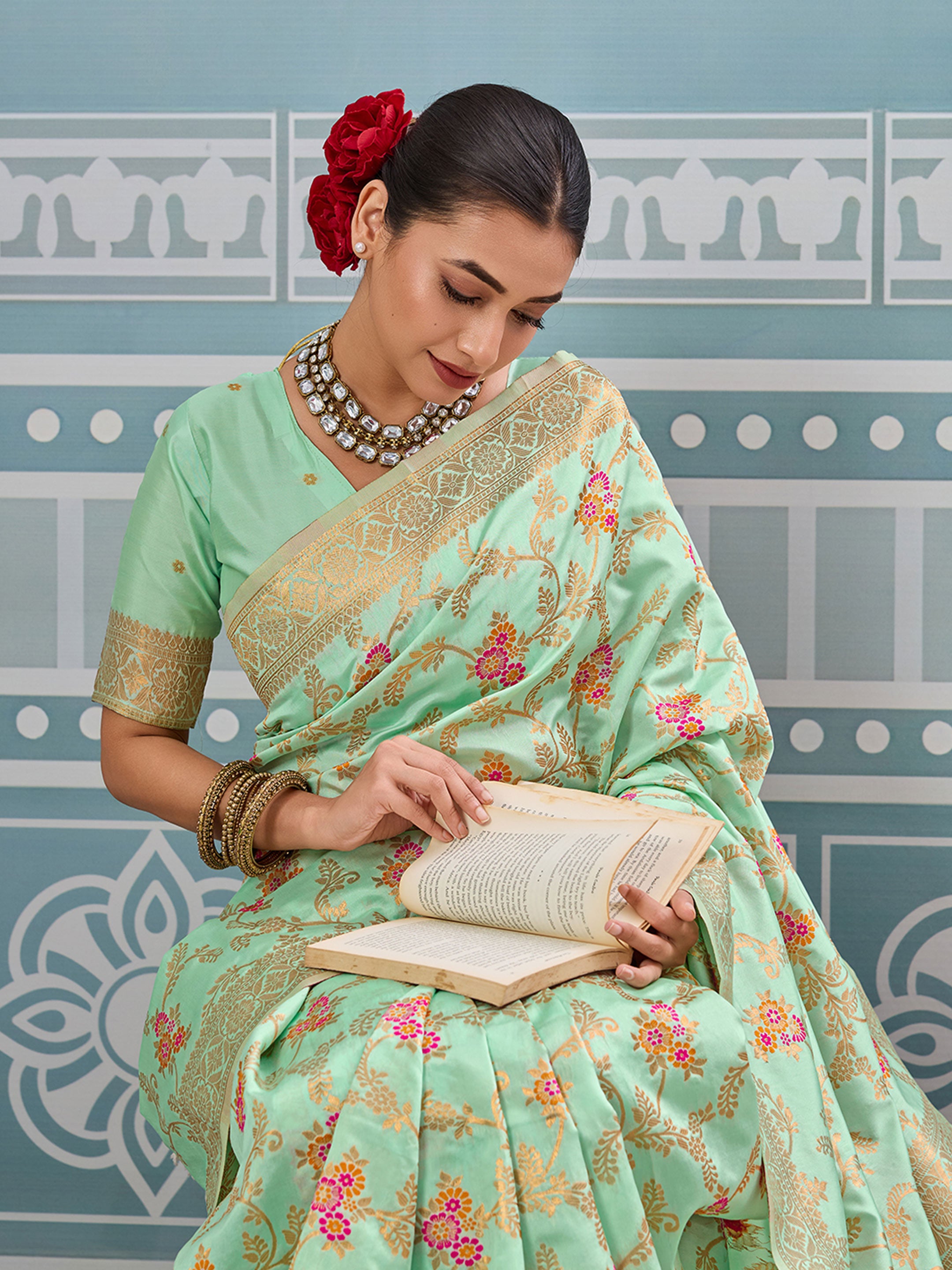 Pista woven banarasi silk saree with blouse piece