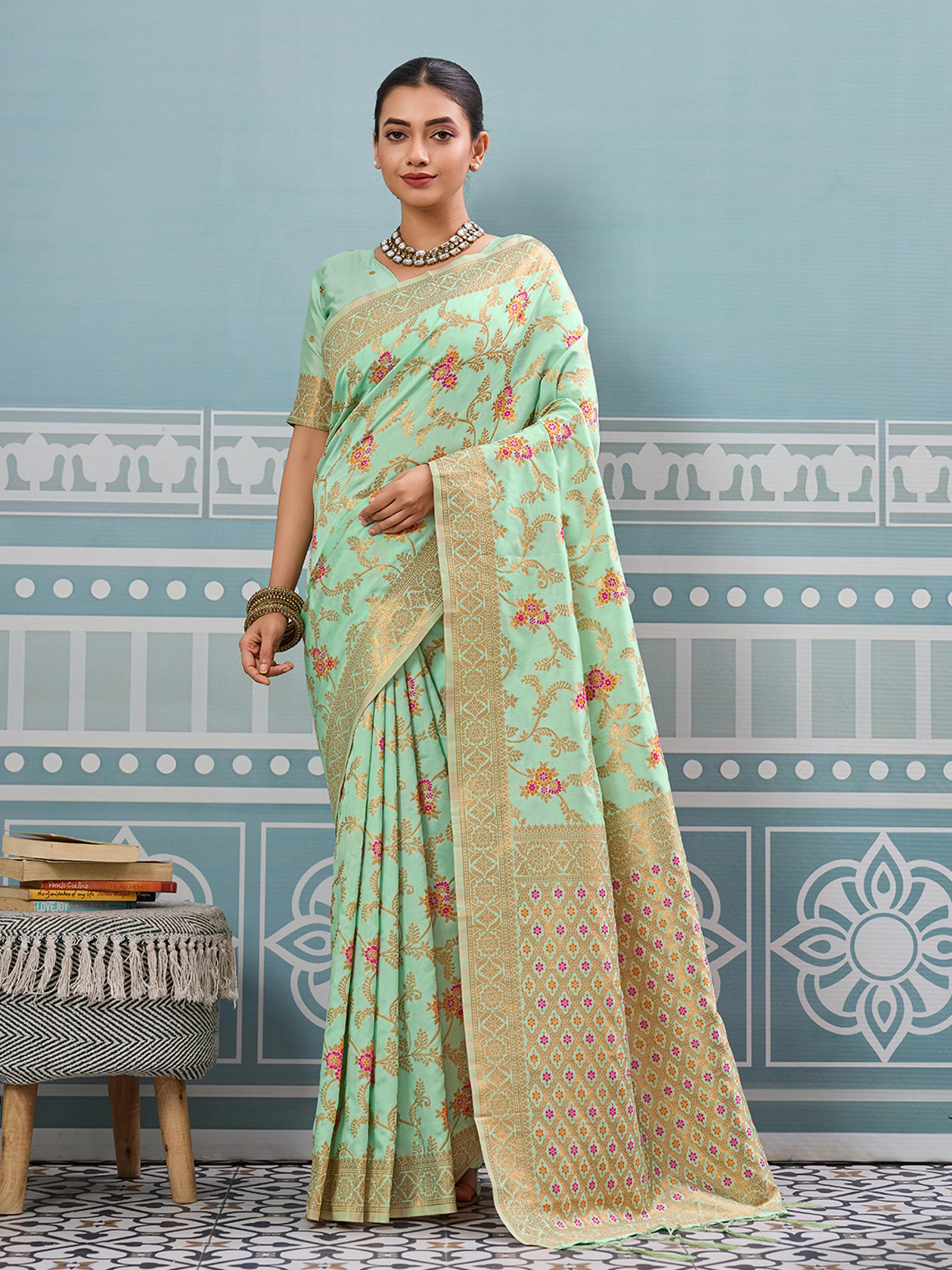 Pista woven banarasi silk saree with blouse piece